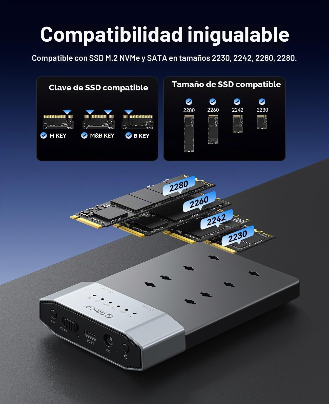 ORICO Carcasa para SSD M.2 NVMe de 20 Gbps, Estación de Acoplamiento M.2 NVMe de Dos Bahías, Base de Acoplamiento NVMe para SSD PCIe NVMe con Conector M, Compatible con Clonación sin Conexión y UASP