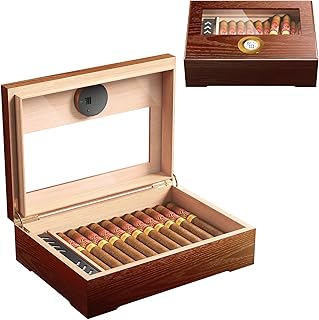 Puffaland Cigar Humidor Box Cedar Wood Brown Men Desktop Case Gift for Father with Glass Top, Digital Hygrometer, Humidifier for 20-25 Cigars