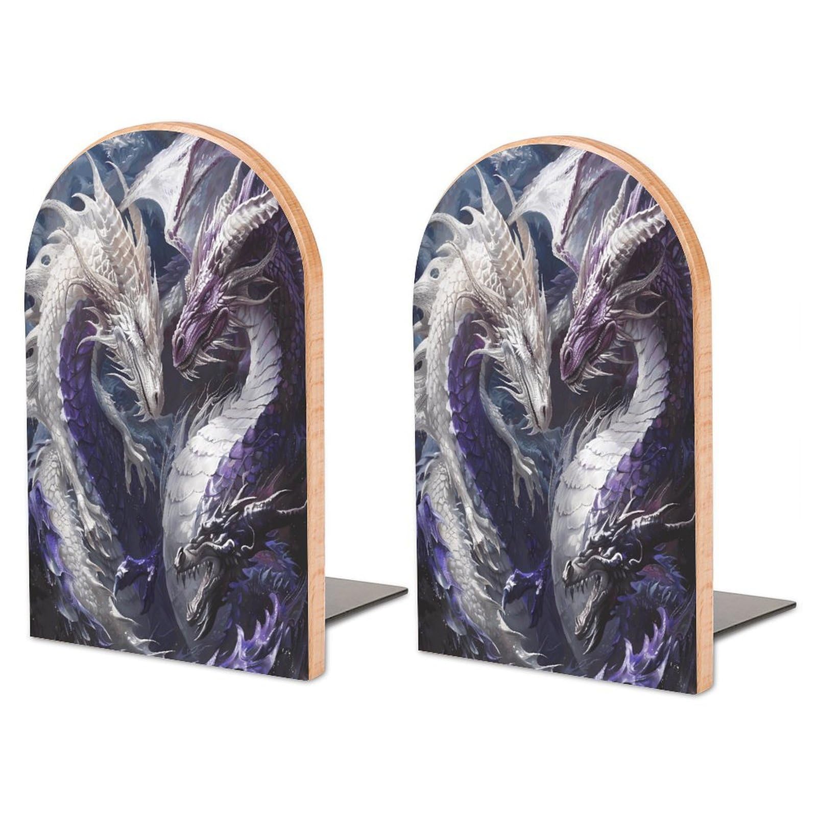 Purple and White Dragons Wood Bookend for Shelves 1 Pair