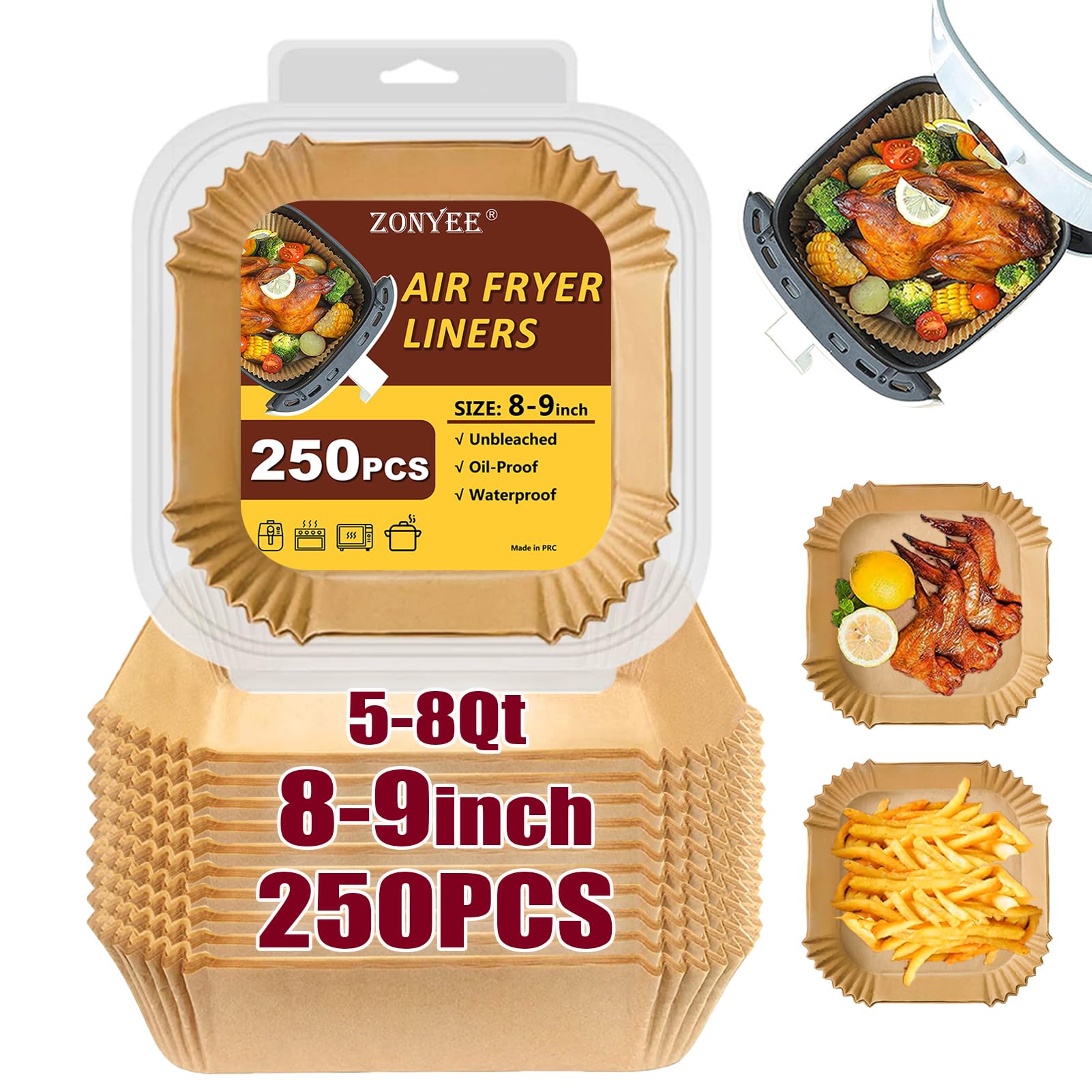 Air Fryer Liners for Cosori 6Qt and Chefman 8Qt Air Fryer, Airfryer Liners Disposable Square Parchment Paper for Air Fryer 5-8Qt Basket, Food Grade Air Fryer Parchment Paper Liners 250PCS