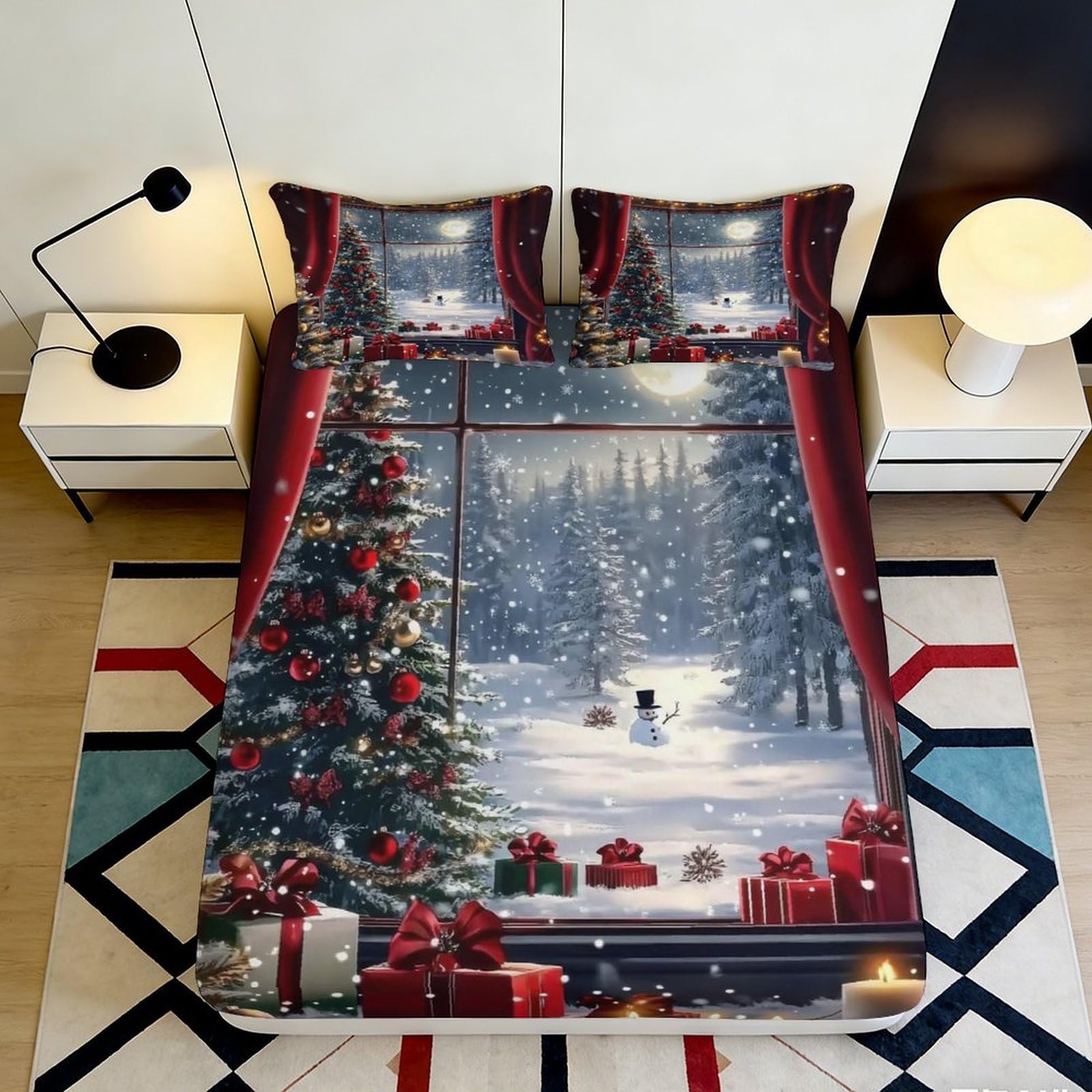 Pnayamiorkfel Style-7 3D Printed Christmas Tree Fitted Sheet Microfiber Winter Snowman Bed Cover For Bedroom Dorm Easy Care Decor 90X200x25cm