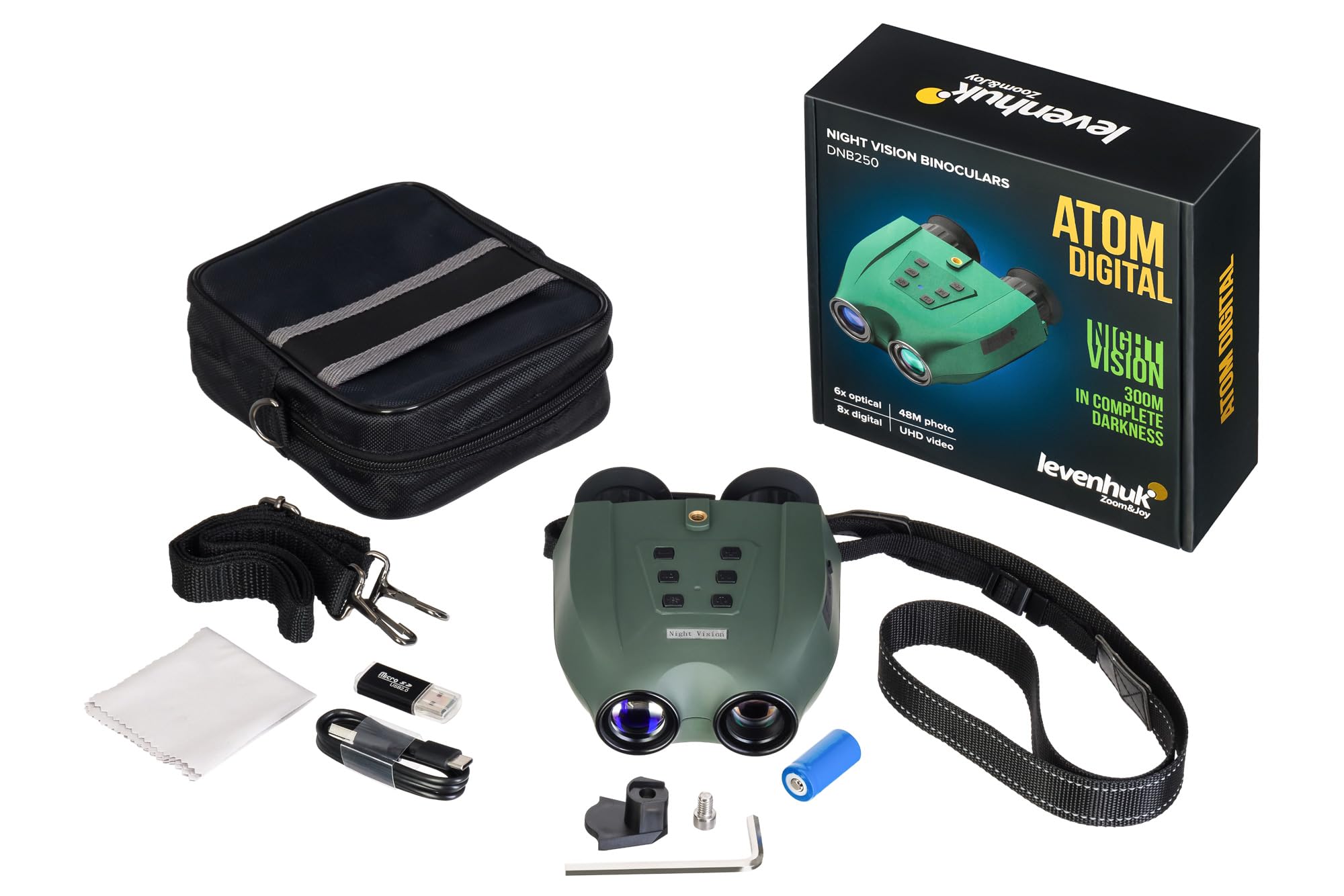 Levenhuk Atom DNB250 Prismáticos Digitales de Visión Diurna y Nocturna con Zoom 1-8x, Iluminador Infrarrojo, Batería Recargable y Trípode de Sobremesa