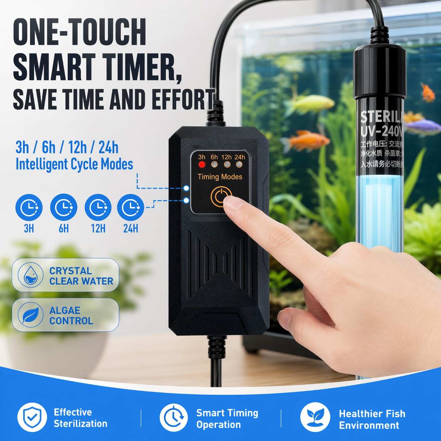 Sommergibile Lampada UV Luce 11W UV Sterilizzatore Chiarificatore Acquario, con Timer