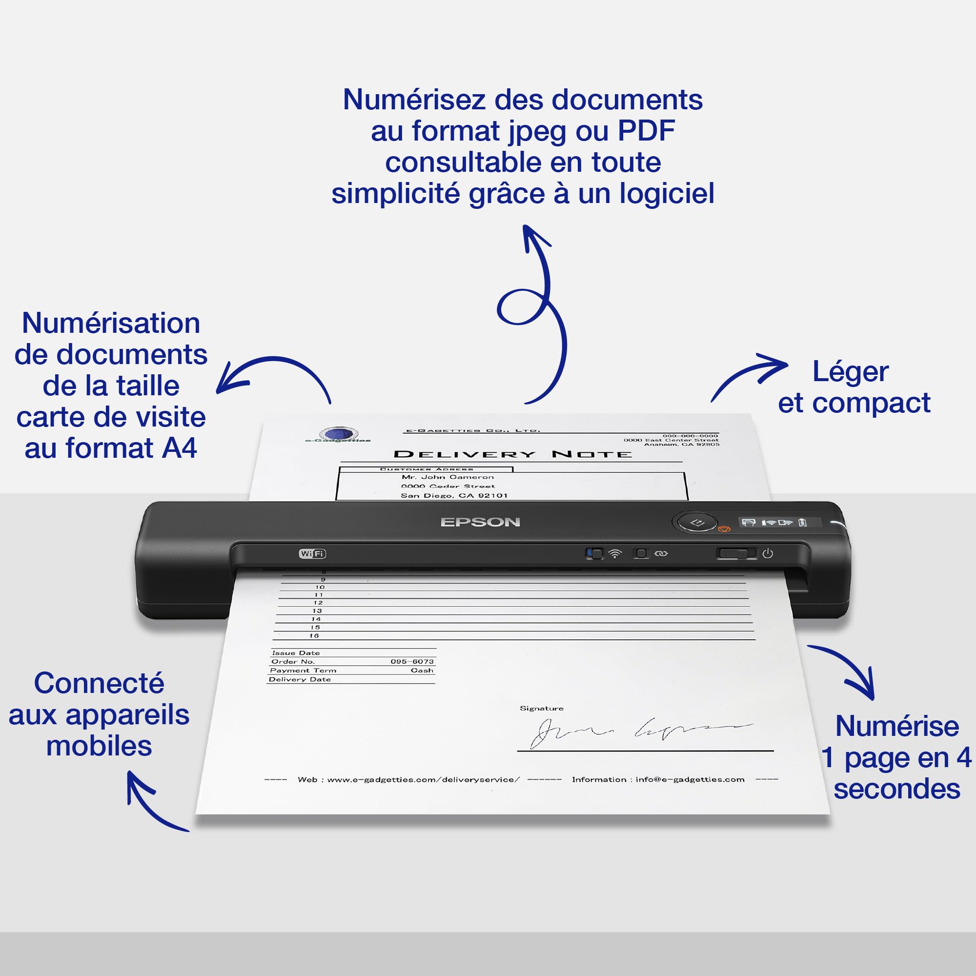 EPSON WorkForce ES-60W skaner dokumentów mobilny WiFi bateria LCD 4s/strona ScanSmart podajnik automatyczny czarny