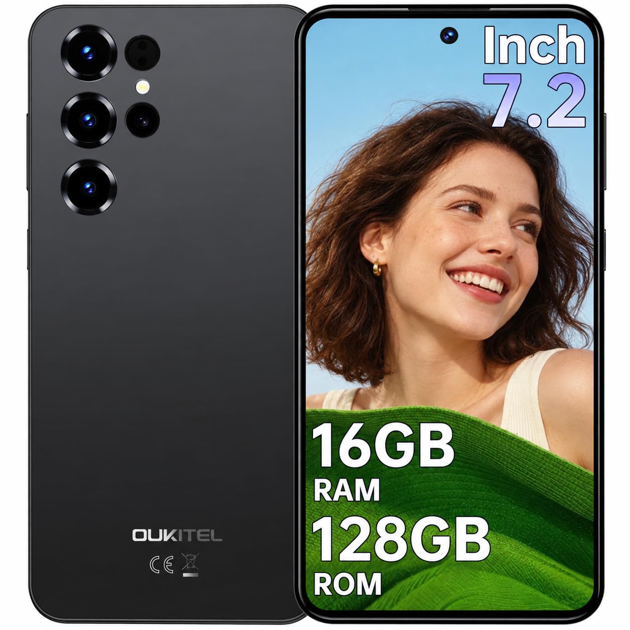 OUKITEL C68 Telefonos Moviles Libres 2026, 16GB +128GB/TF 1TB Android 15 Smartphone, Cámara 64MP+8MP, Batería 6000mAh, 7.2" HD+ 120Hz Pantalla Teléfono Inteligente, Dual SIM/Face ID/Fingerprint, Negro