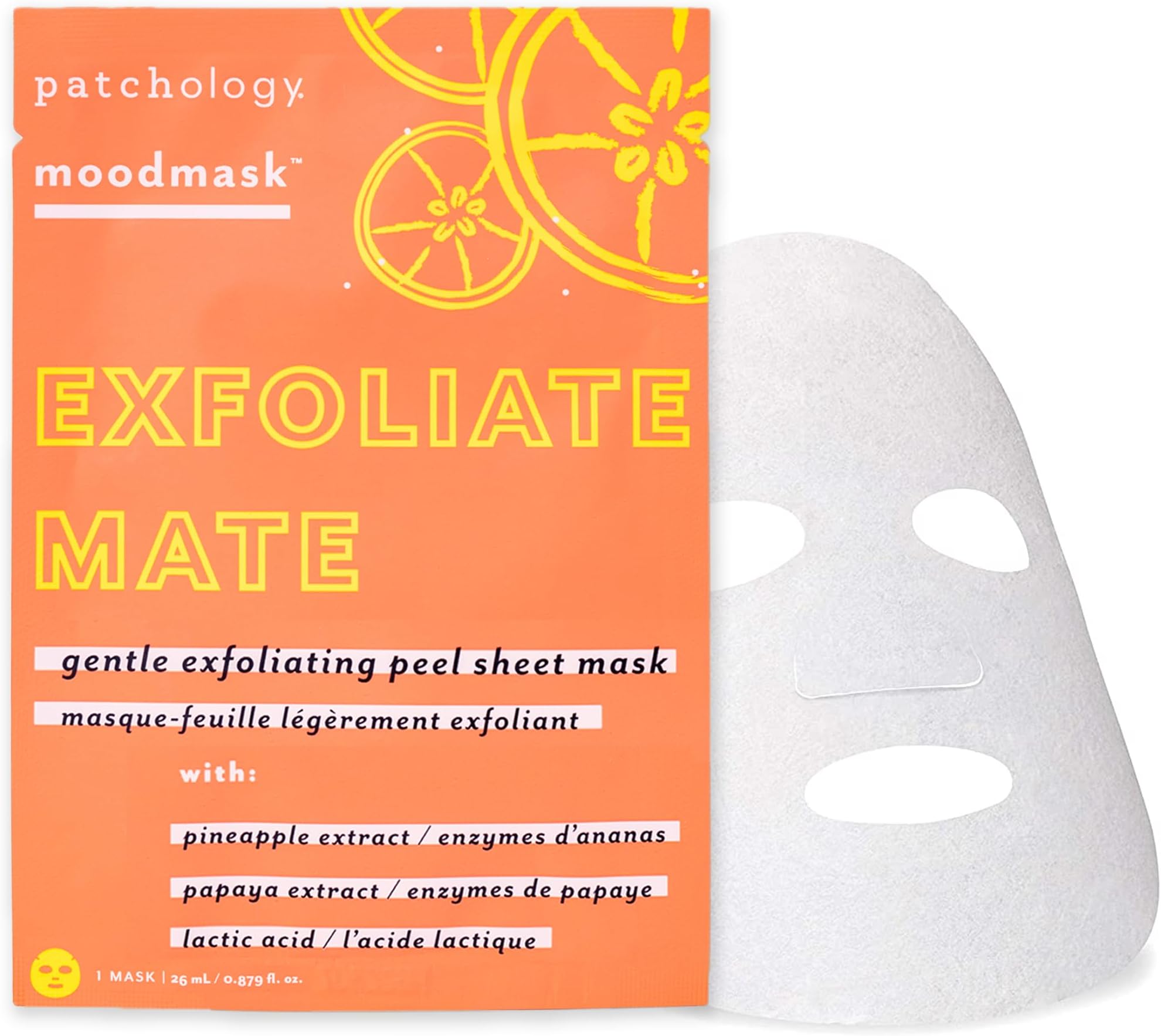 Patchology Exfoliating Face Mask - Exfoliate Mate Sheet Mask with Papaya and Pineapple gently unclogs pores and brightens skin, Lactid Acid (AHA) helps reduce fine lines and wrinkles (1 Mask)