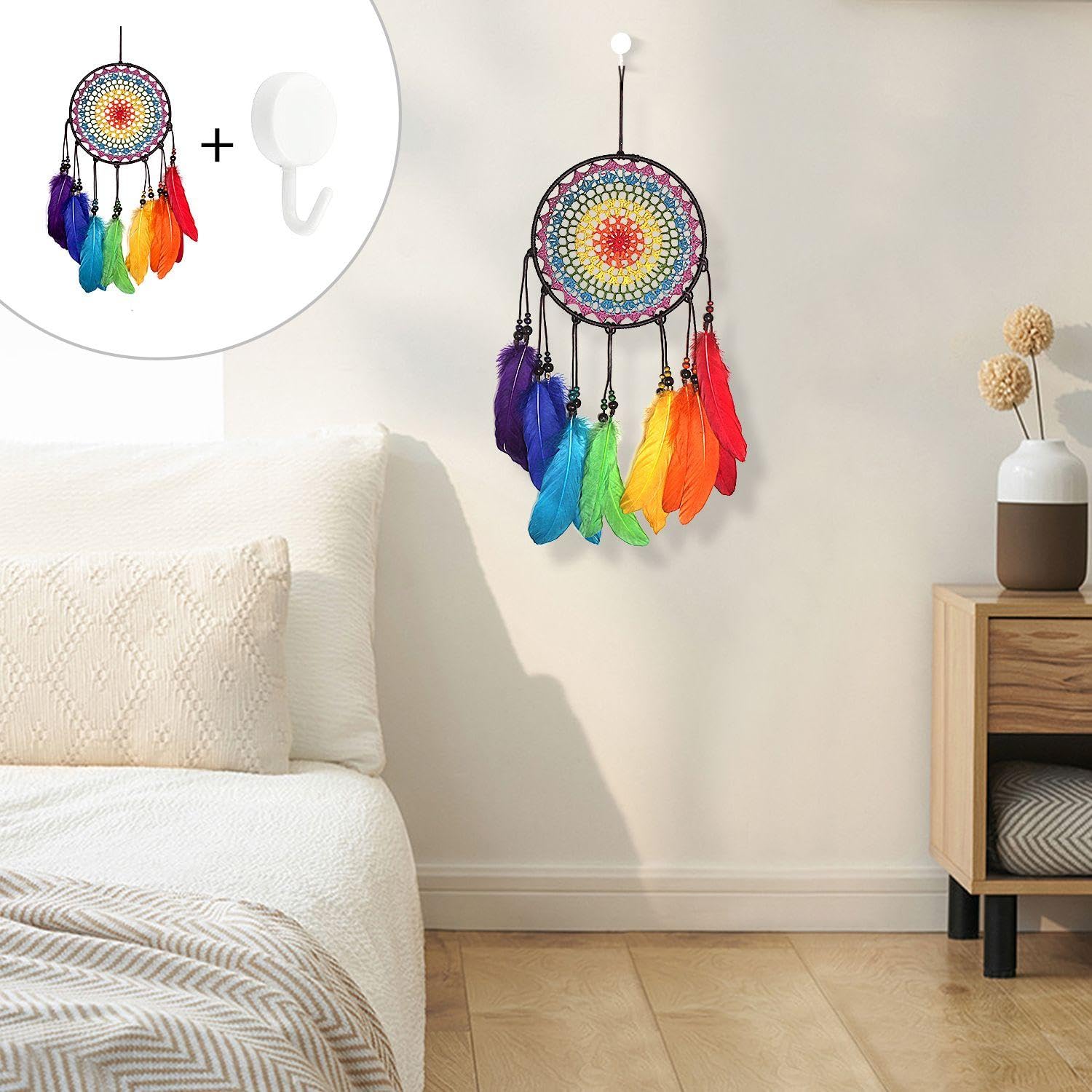 1 Piece Of Dream Catcher Pendant, 1 Piece Of Hook, Wall-Mounted Dream Catcher, Colorful Feather Dream Catcher - Image 4