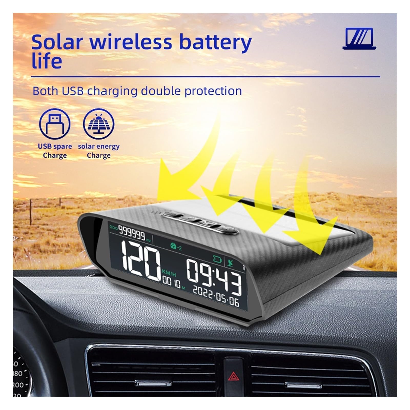 Wyświetlacz GPS Do Samochodu Zasilanego Energią Słoneczną Zegar Cyfrowy Prędkościomierz Alarm Przekroczenia Prędkości Alarm Zmęczenia Podczas Jazdy Wysokość Przebieg Wyświetlacz