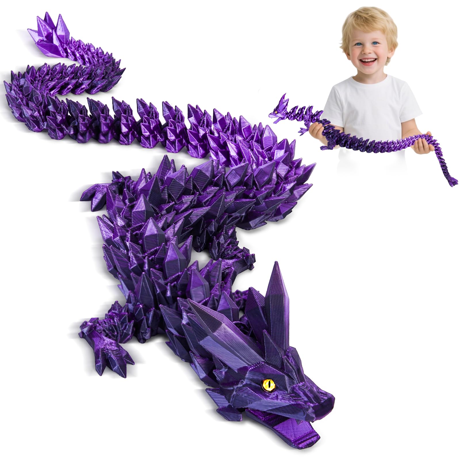 3D Printed Dragon Toys with Eyes, Bendable and Flexible Big Fidget, 24 inches Dazzling Gradient Crystal Wyrm, Articulated Gem Serpent Figure for Home Office Decor (Mystic Black-Purple Dragon)