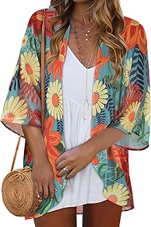 Women Kimono Cardigans Casual Summer Tops Cover up Open Front Floral Print Resort Wear