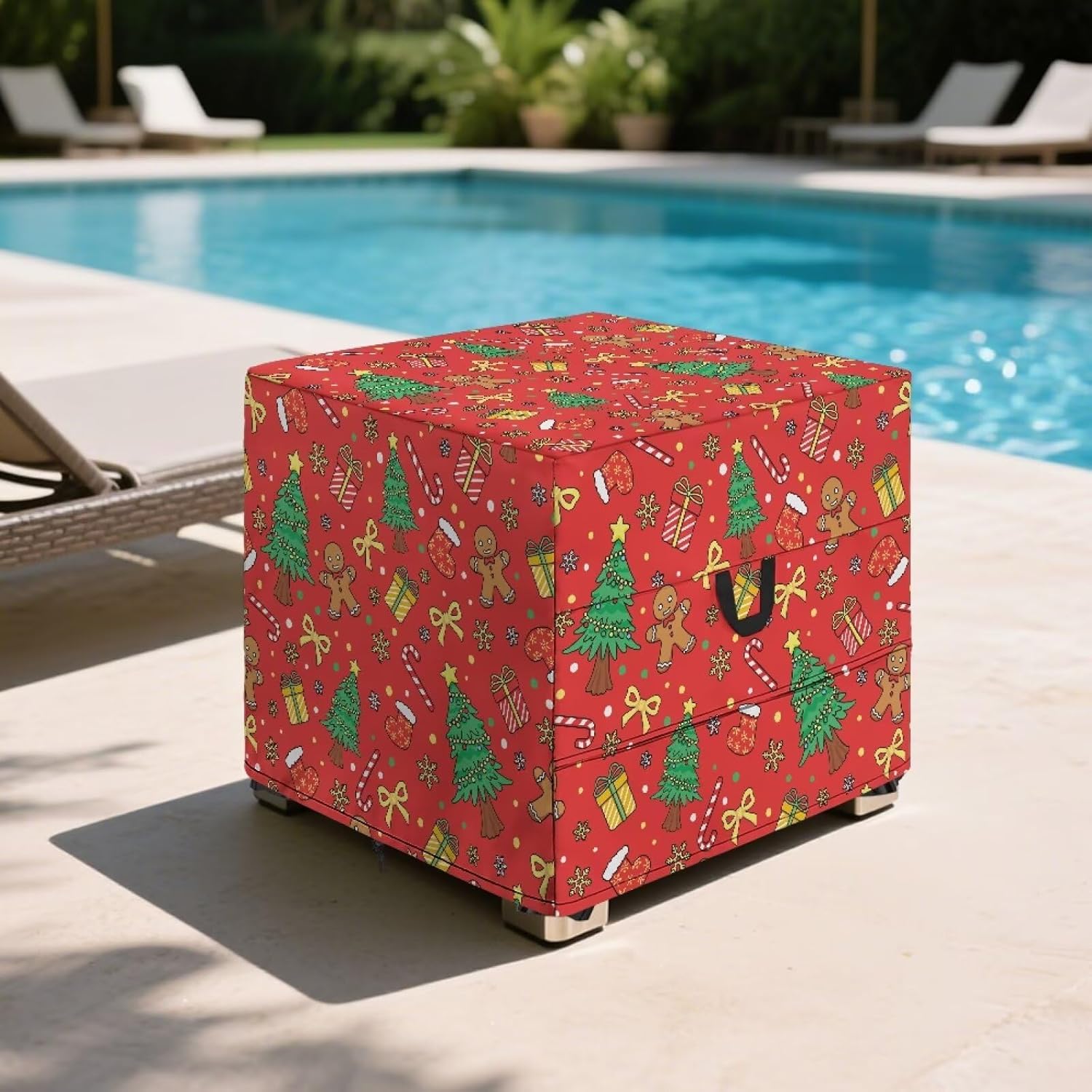 Red Xmas Outdoor Ottoman Cover Christmas Element Patio Furniture Protector Dust-proof Breathable Ottoman Covers for Yard Garden Home Decor