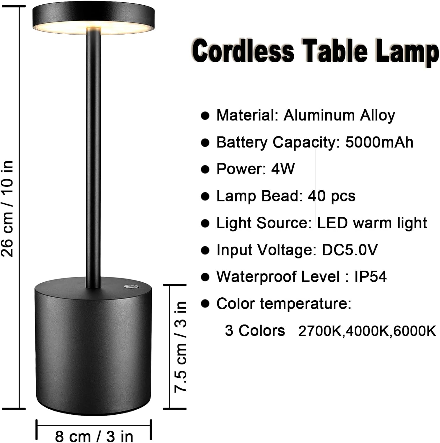 Upgraded Cordless Table Lamp, 5000mAh Rechargeable Battery, IP54 Waterproof, Aluminum Alloy, 3 Color Modes Stepless Dimming Up to 40 Hours, for Buffet/Restaurant/Bedroom, Black Set of 2