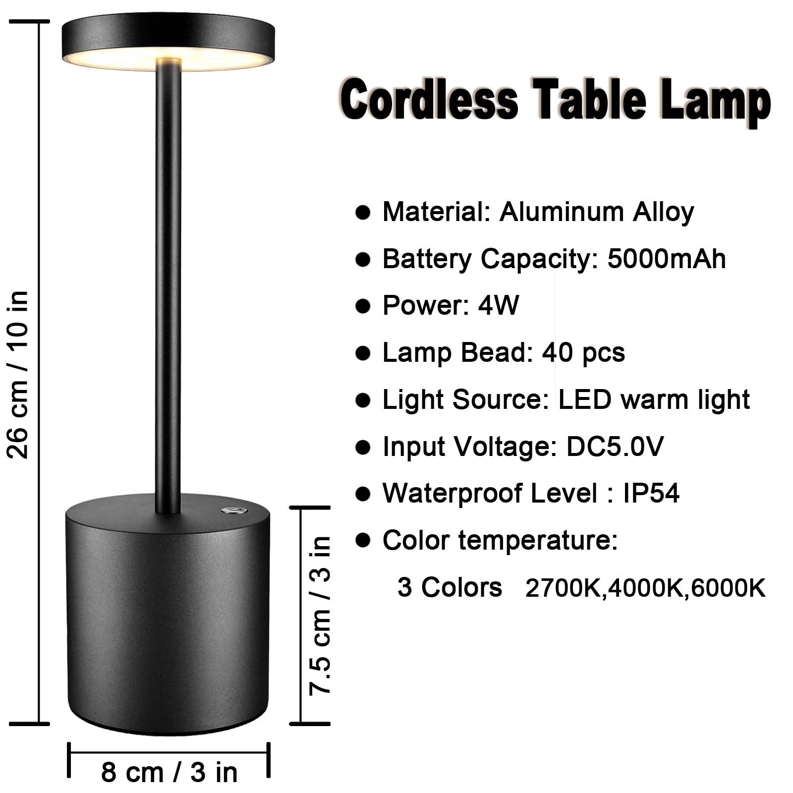 Verbesserte Kabellose Tischlampe, 5000mAh Akku, IP54 Wasserdicht, Aluminiumlegierung, 3 Farbmodi, Stufenloses Dimmen, bis zu 40 Stunden, für Paarabendessen/Restaurant/Schlafzimmer, Schwarzes 2 Set