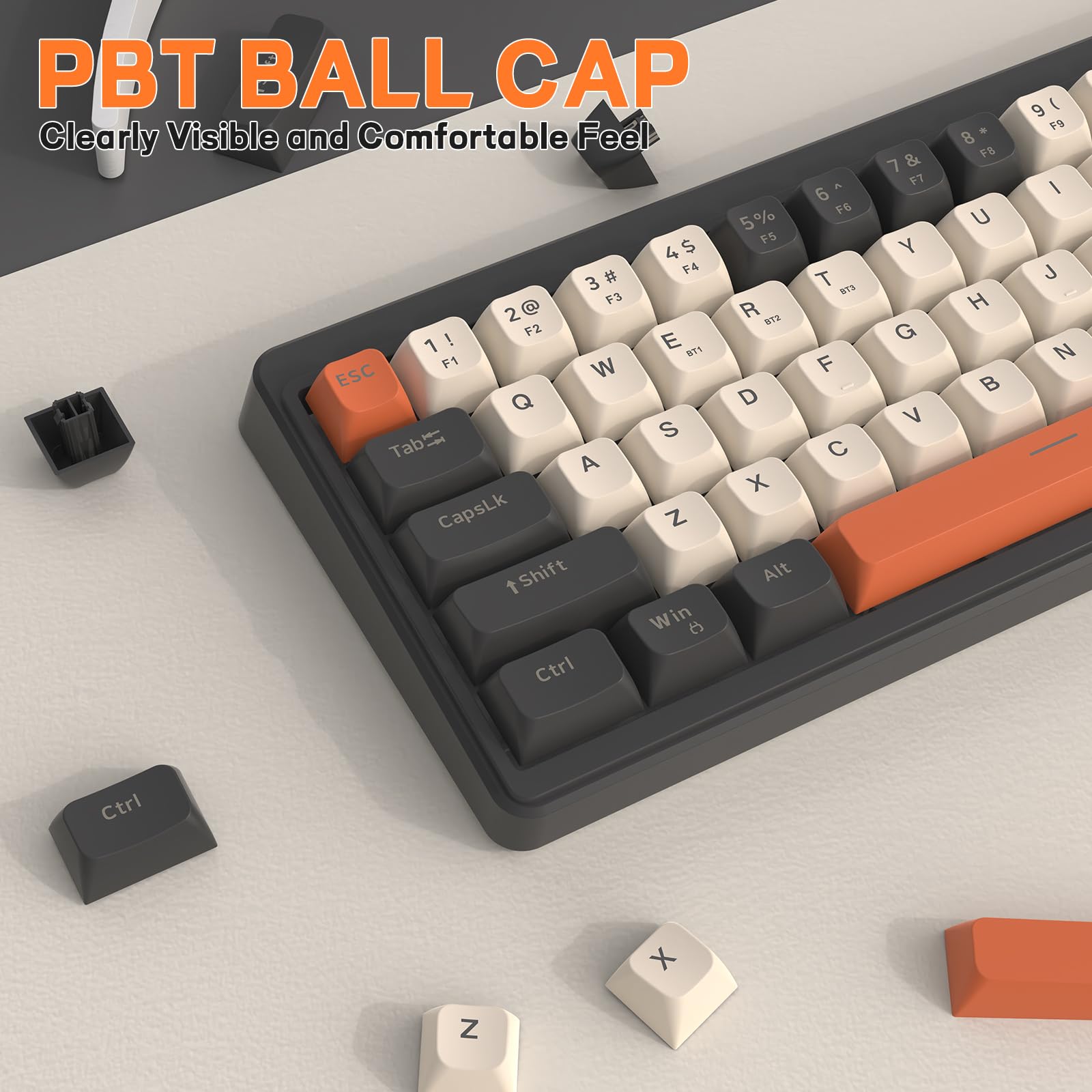 LexonElec X FREEWOLF M68 Tastiera Gaming Wireless 65%, QWERTY, BT/2.4G/Cablata, Tastiera a Membrana Silenziosa, Retroilluminazione Arcobaleno, 67 Tasti con Tasti in PBT, 2000mAh, Portatile - Grigia