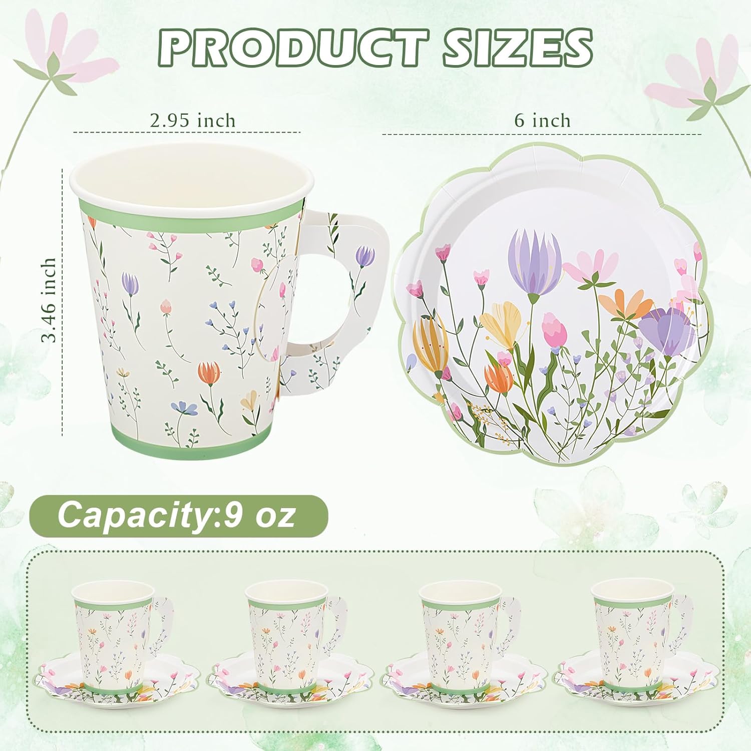 100 Sets Wildflower Floral Paper Tea Cups and Saucers Disposable Paper Tea Party Supplies 9 oz Cups with Handle and Saucer for Birthday Wedding Party Decorations