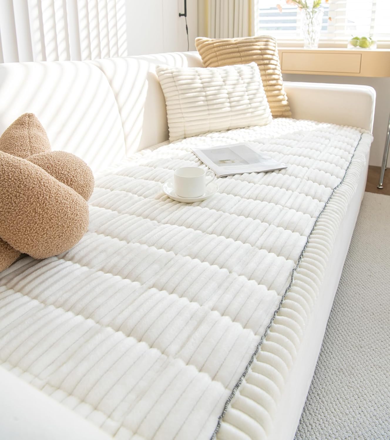 Faux Fur Plush Dog Couch Cover 3D Stripe Fuzzy Sofa Cover Non-Slip Fluffy Dog Bed Cover Pet Blanket Sofa Couch Furniture Protector for Puppy Large Dog Cat (Cream,35"x47")