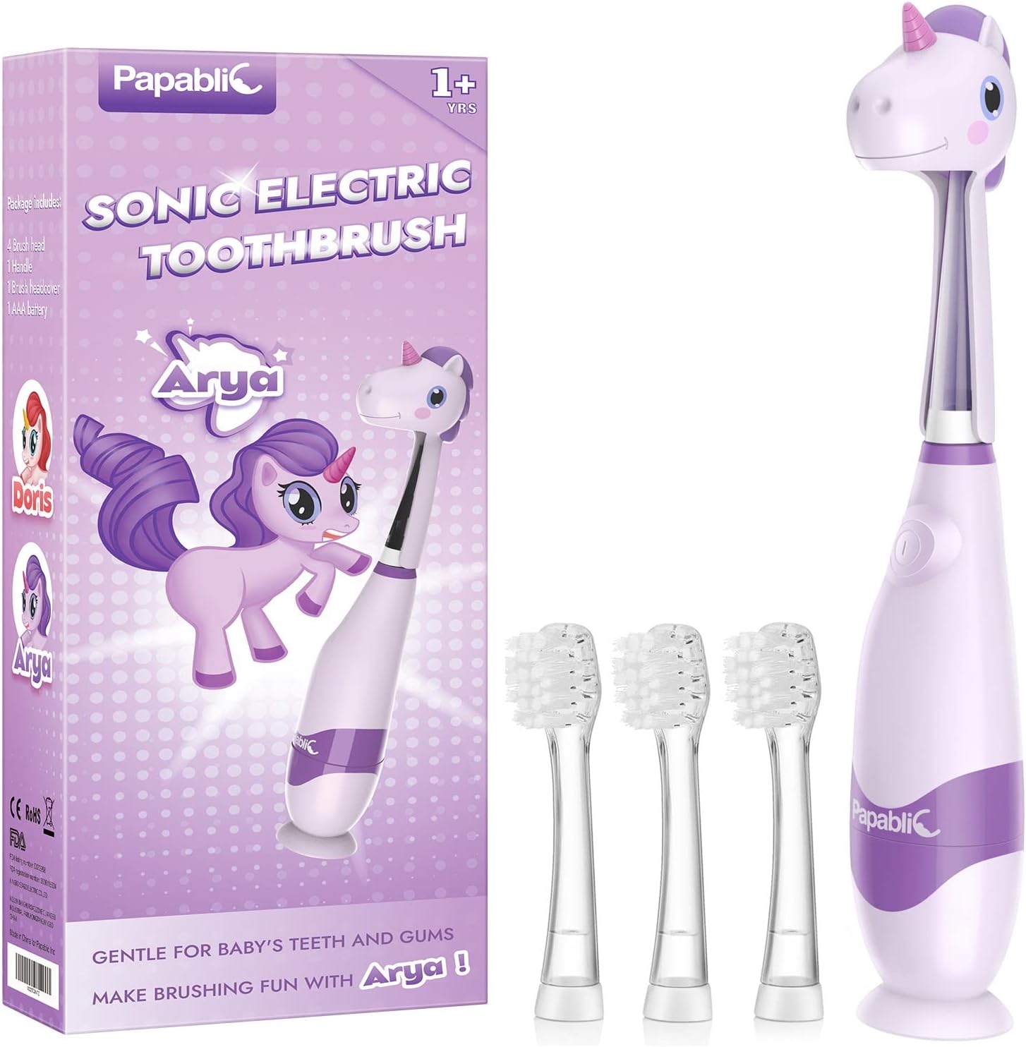 PapablicToddler Sonic Electric Toothbrush Kids for Ages 1-3 Years, Baby Electric Toothbrush with Cute Unicorn Cover and Smart LED Timer, 4 Brush Heads (Arya)