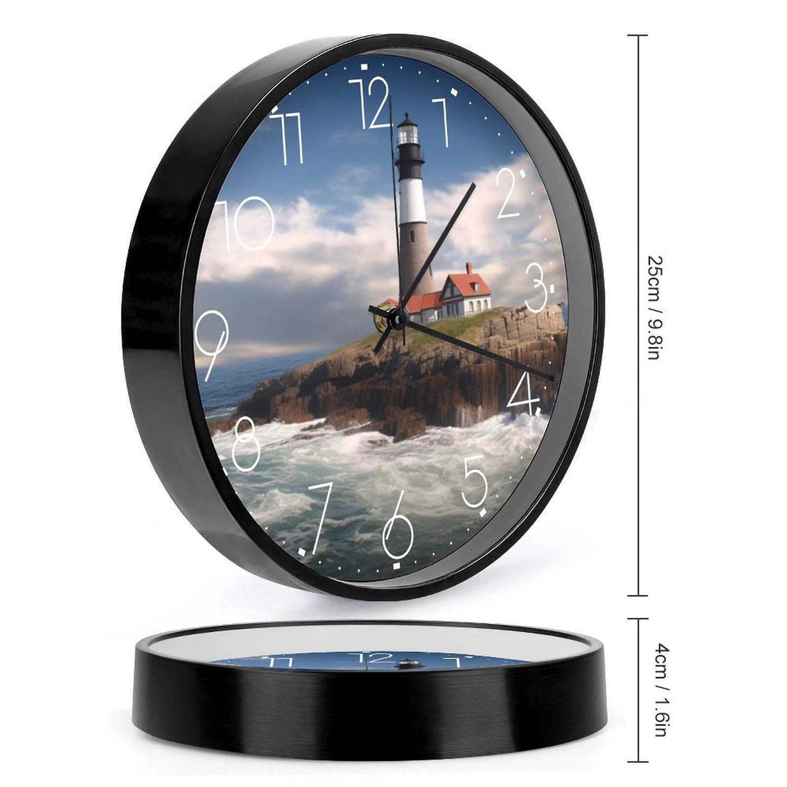 VIDI Horloge murale en forme de phare de mer, horloge murale silencieuse à piles, 25,4 cm, horloge analogique moderne sans tic-tac, décoration pour cuisine, bureau, salle de bain, chambre à coucher