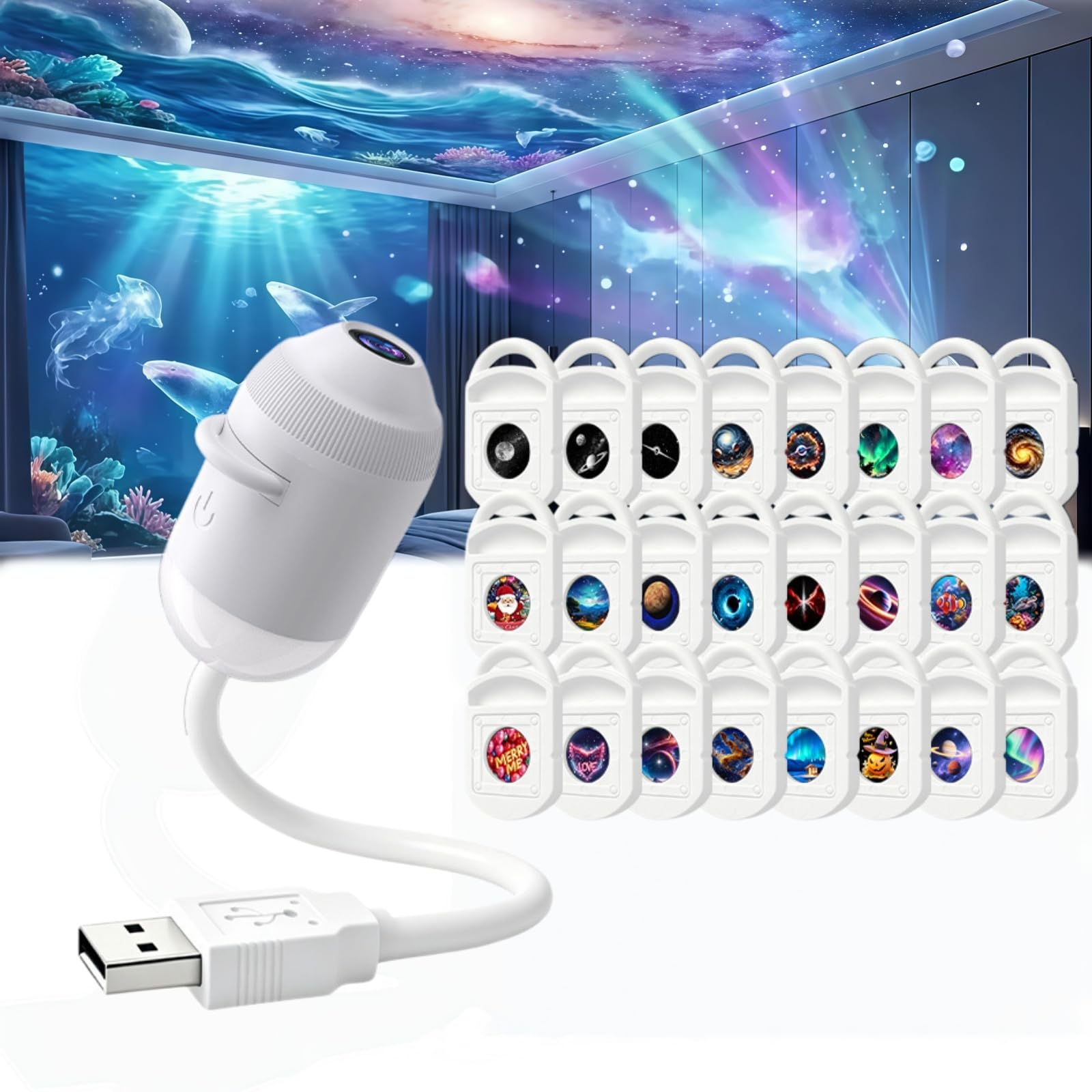 Comauo Nachtlicht Projektor 2-in-1 Sternenhimmel-Projektor, augenfreundliches Mini-Stilllicht zur Einschlafhilfe, USB-betrieben, dimmbar (24 Projektionsfolien)