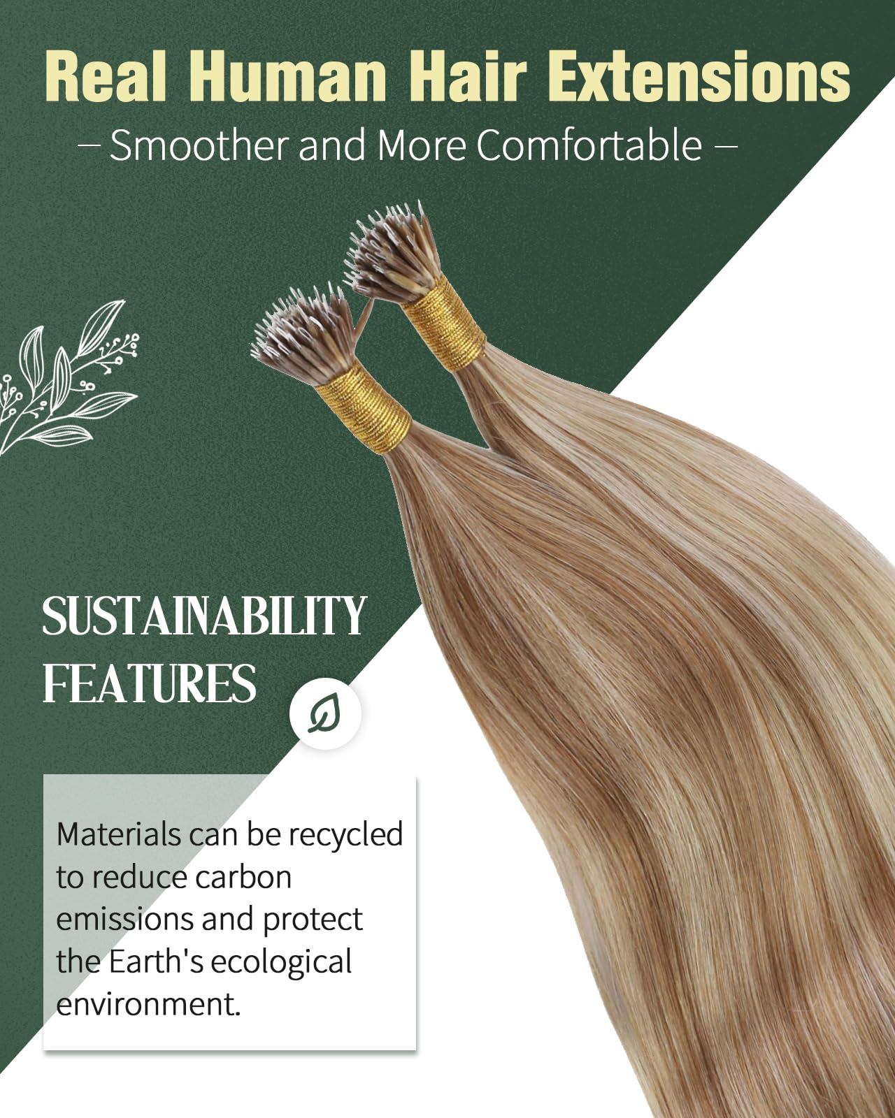 Ugeat Extensions Echthaar Nanoring Goldbraun Highlights 55 cm Extensions Echthaar Nano Highlights Blond Nano Bondings Platinblond 50g 50Strähnen P10/613