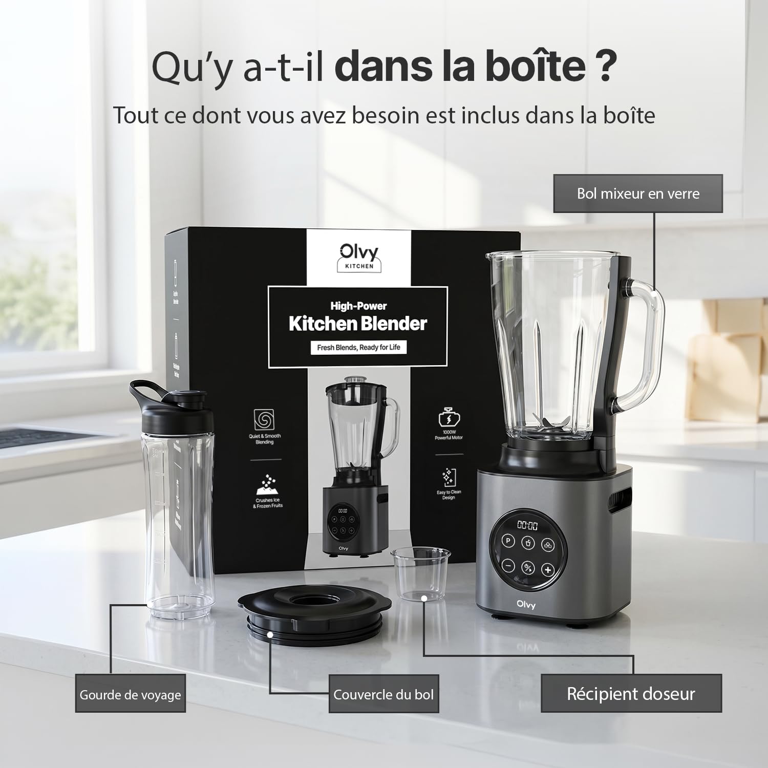 Olvy Blender Chauffant Mixeur Bol Verre Glace Pilee | 1 Appareil | Gris 1000W 1500ml 9 Vitesses | Smoothie Familial & Sport | Gourde Nomade Sans BPA