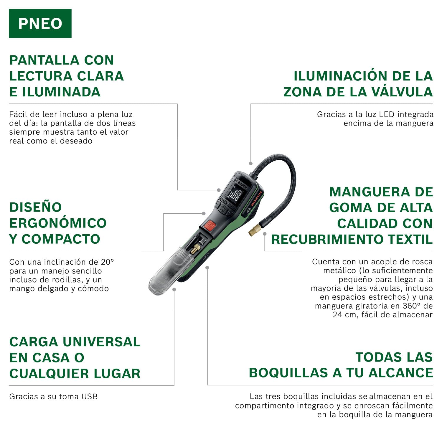 Bosch PNEO Bomba neumática a batería (Incl. Set de adaptadores de presión, batería de 4V y Bolsa de Tela)