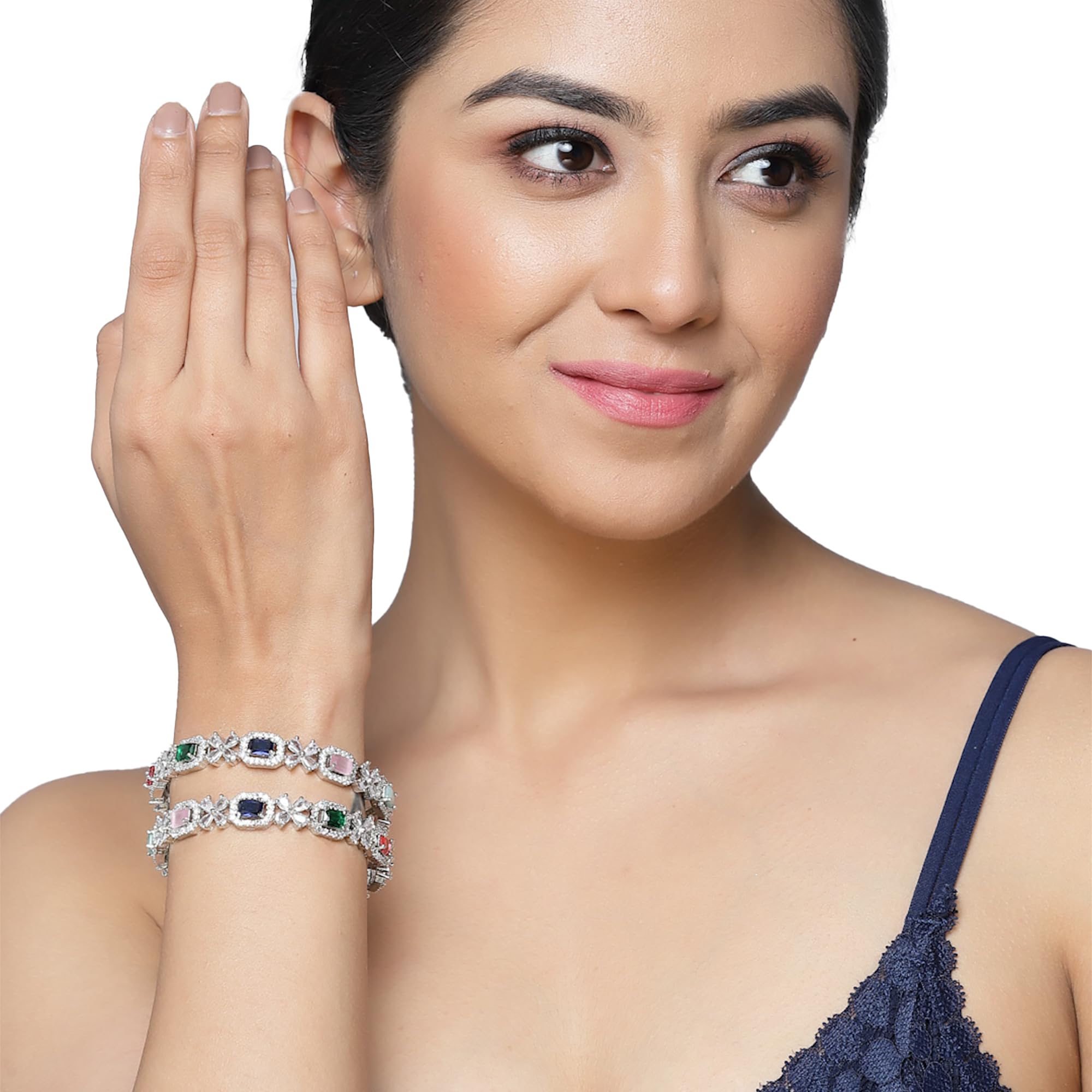 Rhodium-Plated Silver Toned AD Square Shaped Bangle Set (Design_04)