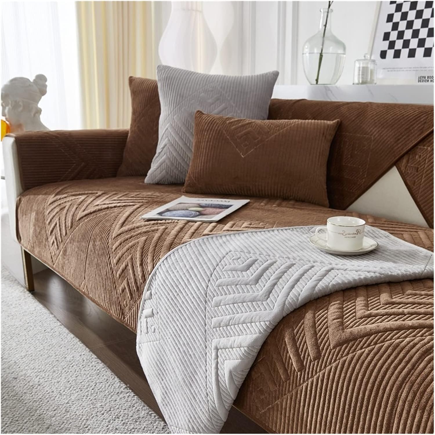 Couch Covers Sectional L Shape Sofa Cover Pure Color Dutch Velvet Couch Cover 3 2 4 1 Seater Nordic Modern Sofa Slipcover Quilted Non-Slip Furniture Protector(W,90x90cm)
