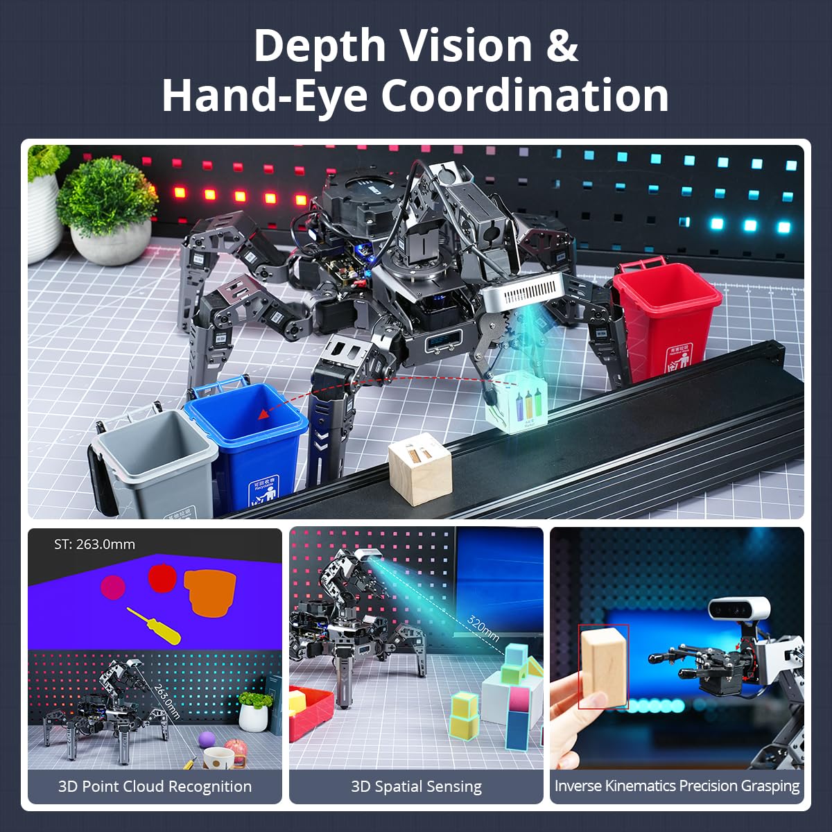 HIWONDER ROS2 Jetson Hexapod con OpenClaw Grandi Modelli AI ChatGPT Mappatura SLAM 3D AI Vision Scena Vocale Comprensione Auto-bilanciamento ROS Education Robot, ROSpider Advanced Kit & Jetson Nano