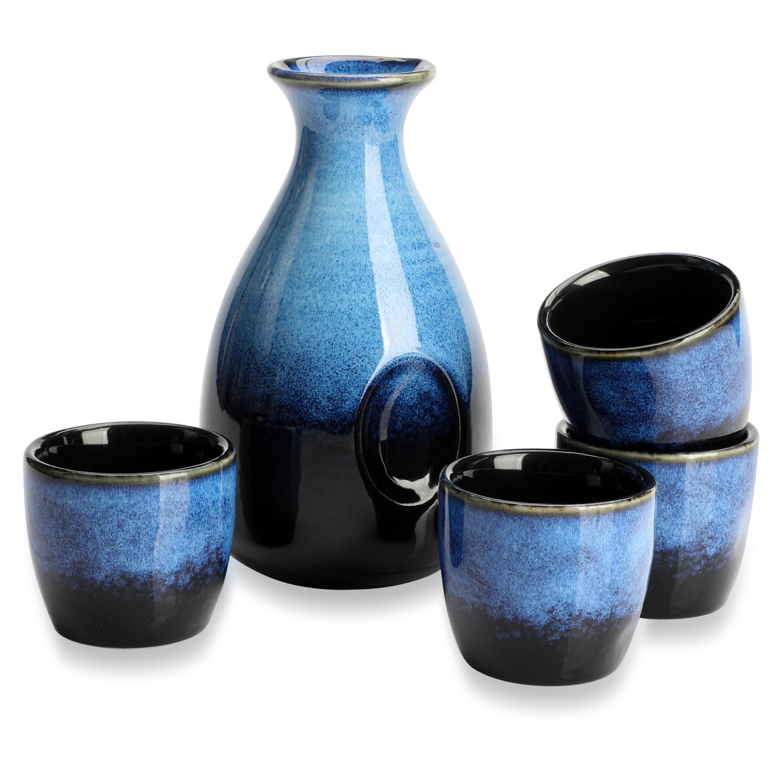 Sake Set with Cup and Wine Pot Ceramic Set for Warmers Including 1 Large Pot and 4 Cups (Blue Black)