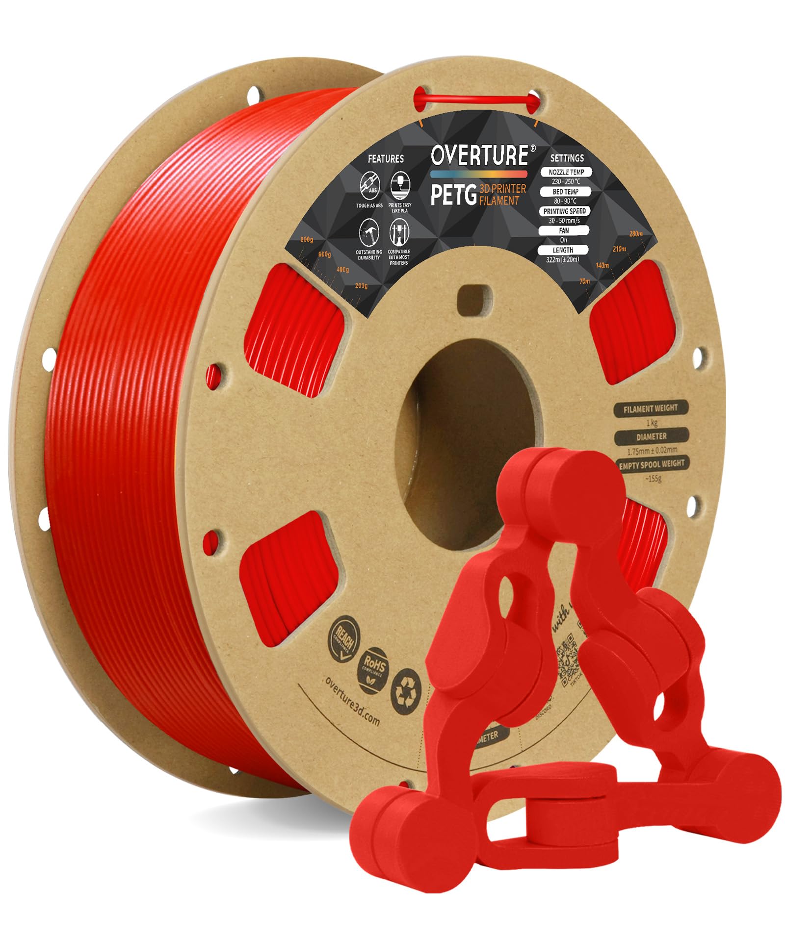 OVERTURE Filamento PETG 1.75mm, 1kg Bobina(2.2lbs), Neatly Wound Durevole PETG Filament per Stampante 3D, Precisione Dimensionale +/- 0.02 mm, 3D Printer Filamento (Rosso)