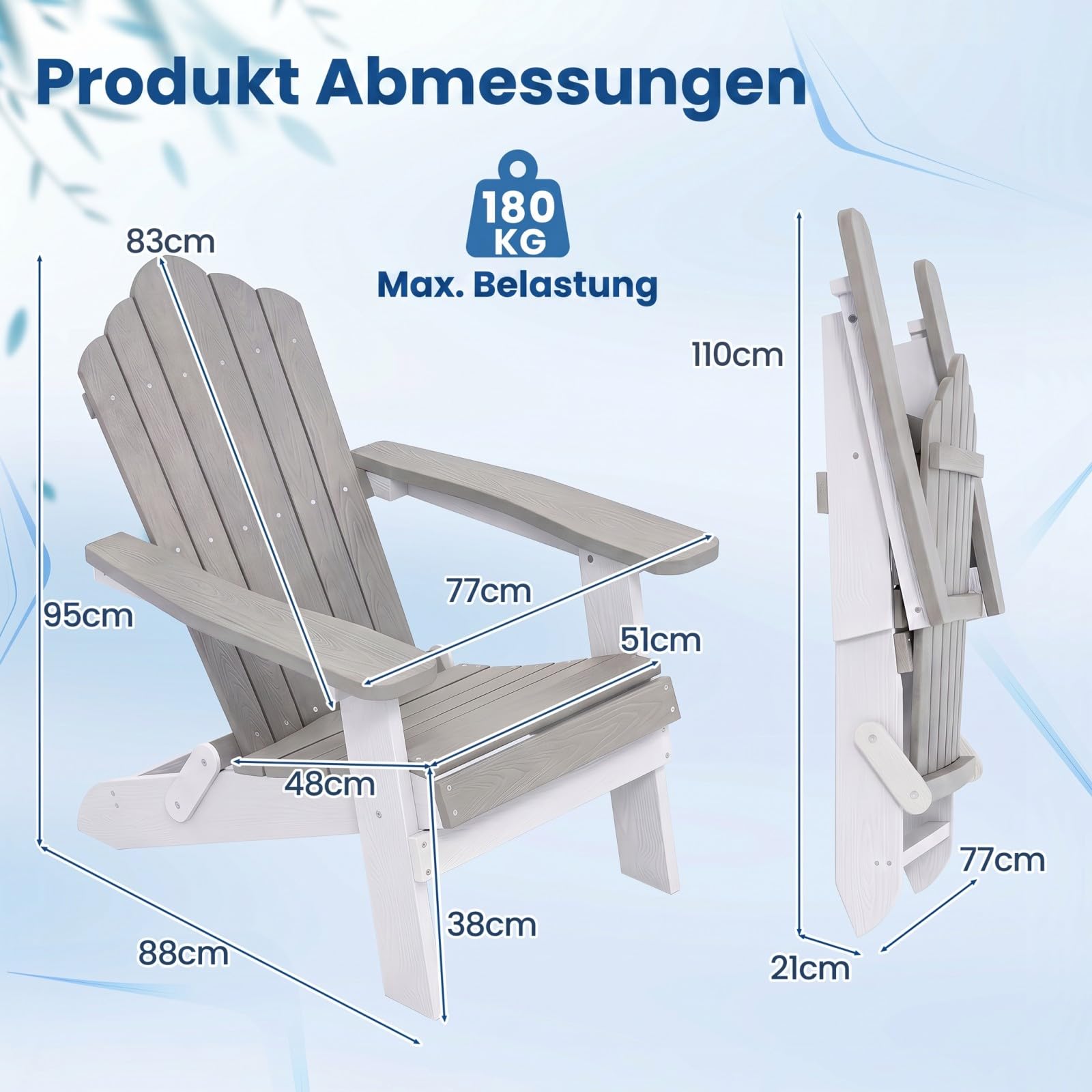COSTWAY Adirondack krzesło składane, odporne na warunki atmosferyczne Adirondack Chair z tworzywa sztucznego, krzesło ogrodowe z wysokim oparciem i szerokimi podłokietnikami do ogrodu, nośność 180 kg