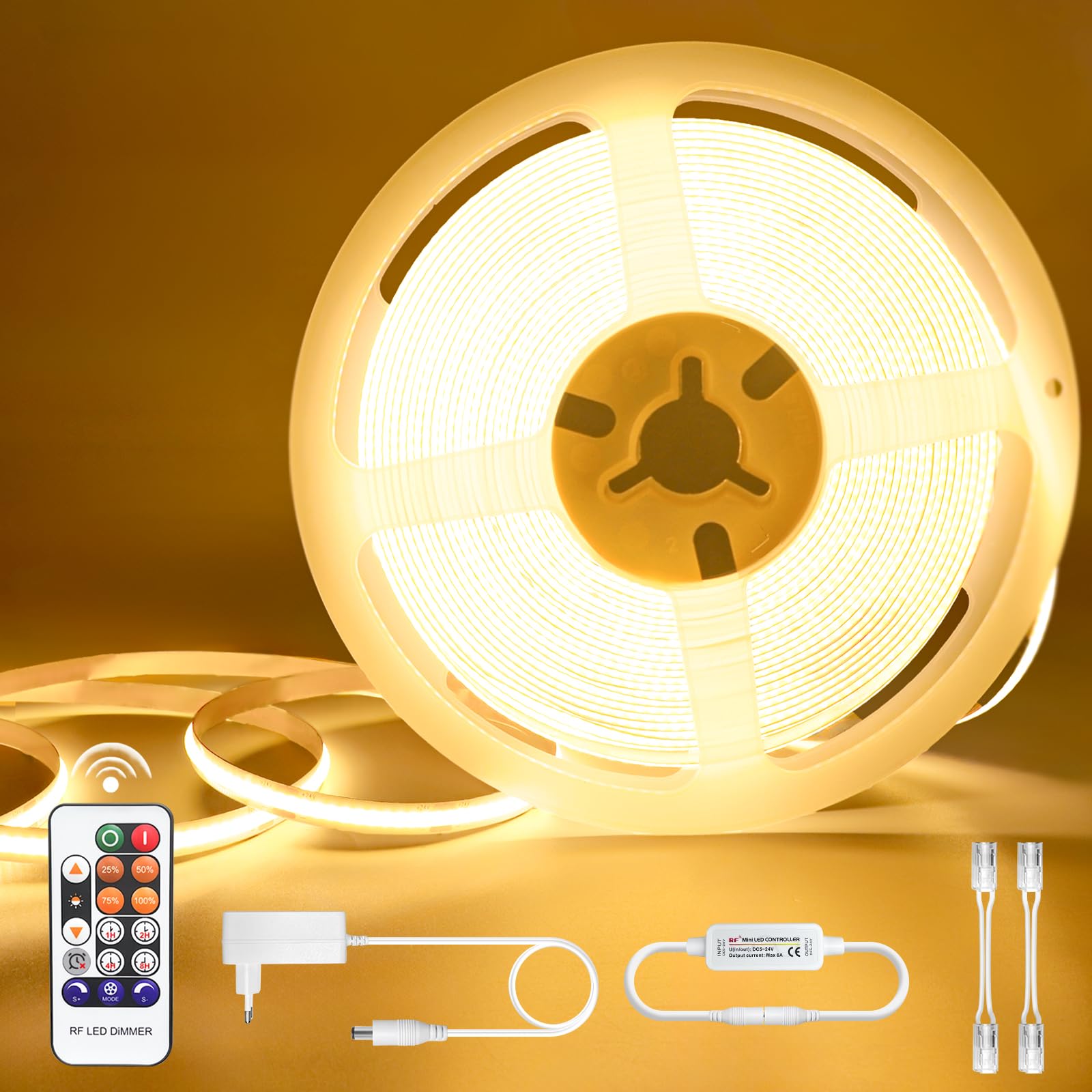 COB LED Streifen 10M, LED Strip Warmweiss Dimmbar 24V, Wasserdicht IP44, Lichtleiste Led Selbstklebend mit Fernbedienung & Netzteil, Lichtband LED Band 10M für TV Küche Wohnzimmer DIY Dekoration 3000K