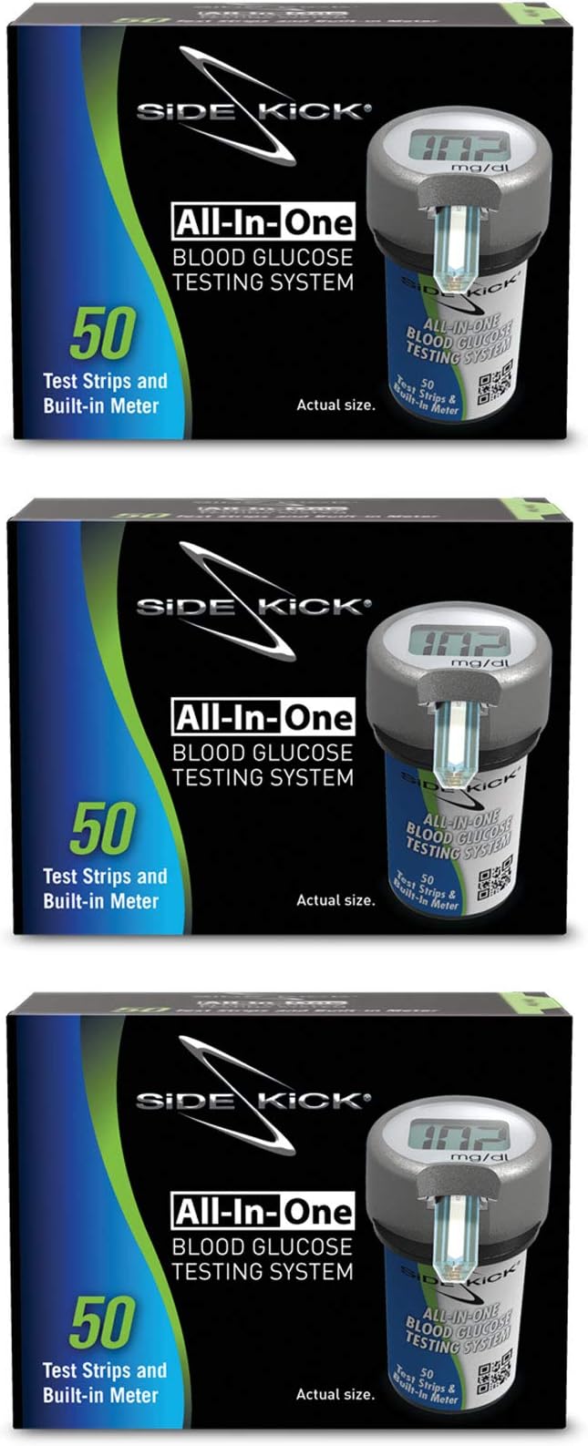 Sidekick All-in-One Glucose Meter Kit – Built in Meter, 50 Test Strips, Lancing Device, 10 Lancets, Control Solution, and GoPak (Pack of 3)