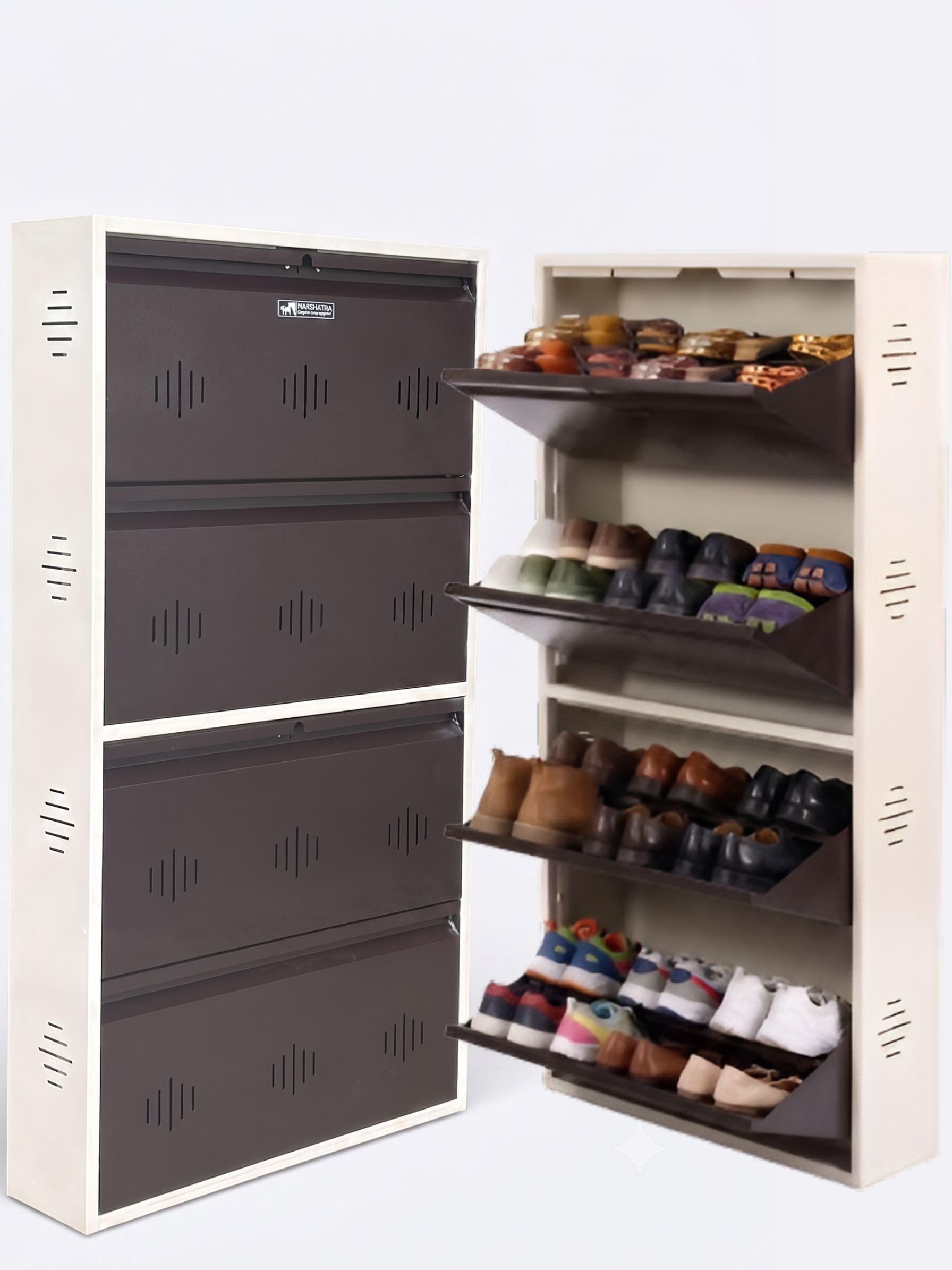 StayHappy Double Decker Metal Shoe Rack | 4 Door Shoe Rack with 8 Compartment | Wall Mount Chappal Sandal Stand | Hold Upto 24 to 32 Pairs of Shoes | Metal Shoe Rack with Powder Coated (Dark Brown)-image-7