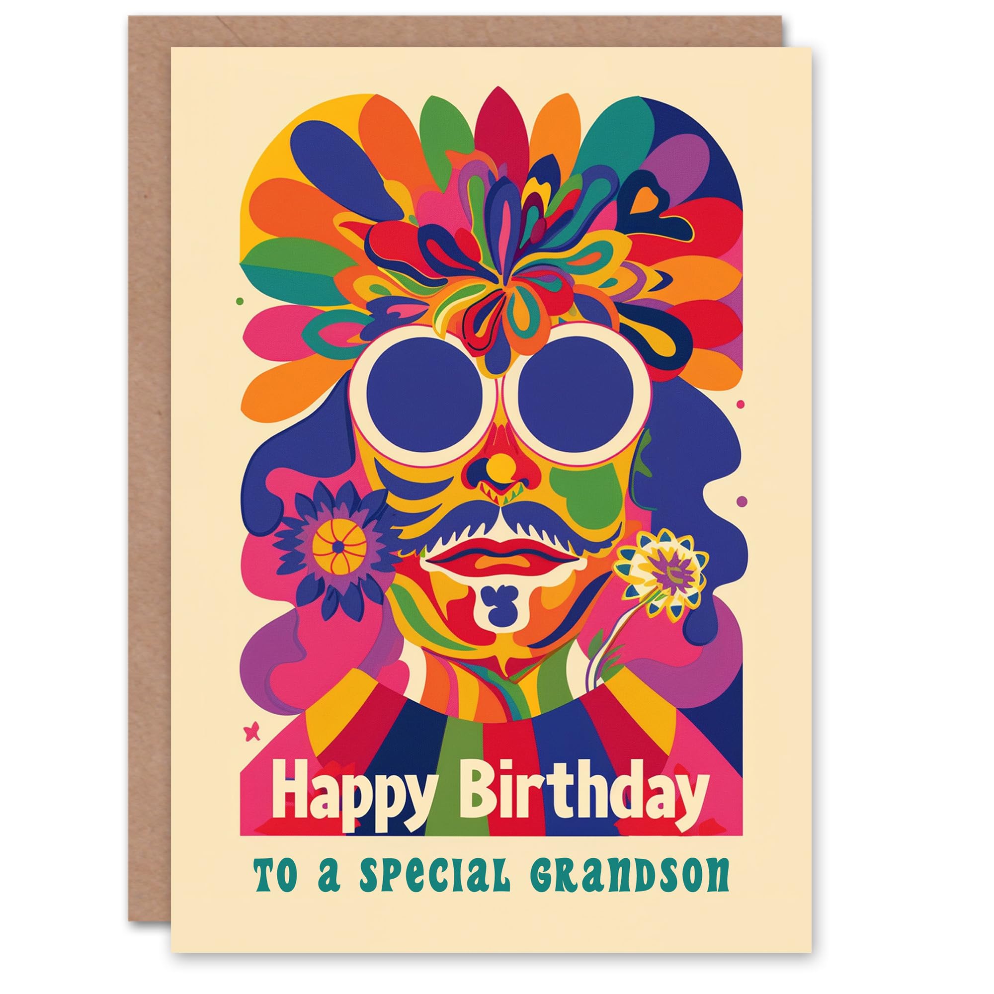 Artery8 Happy Birthday Card to a Special Grandson Colourful Trippy Hippy Psychedelic Retro Hippie