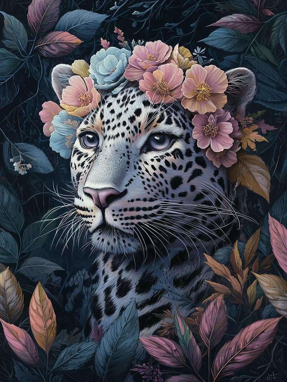 WEISHIWE Malen nach Zahlen Erwachsene Leopard mit Blumen, 70x90cm x-399 | Handgemalt Ölgemälde Kit für Mädchen Jungen ab 7 8 9 Jahre, Rahmenlos, für die Wanddekoration zu Hause, DIY Acrylmalerei