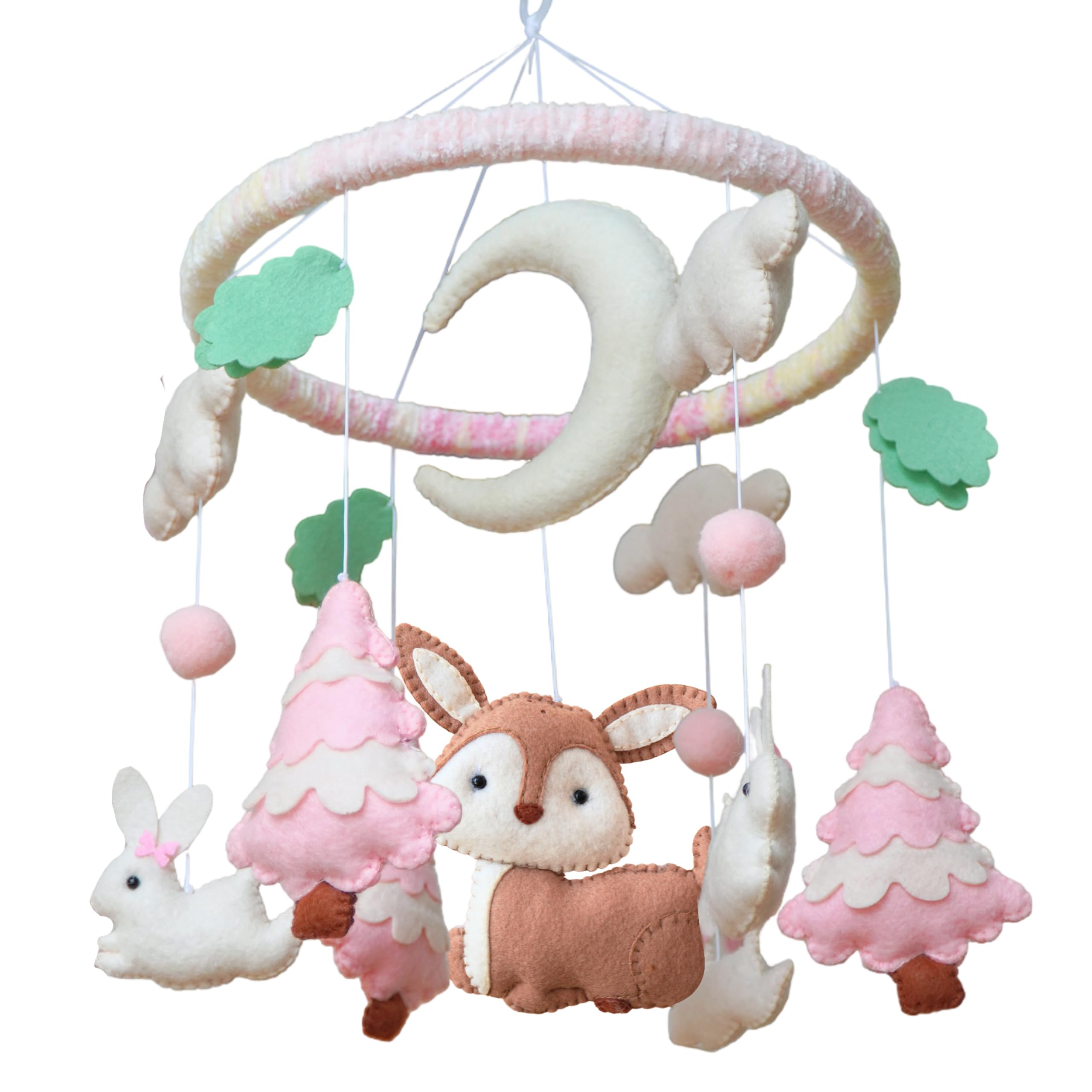 Giostrina da appendere a forma di animali della foresta, per bambine, in feltro, cervo, coniglio, luna crescente, rosa, decorazione per la cameretta dei bambini