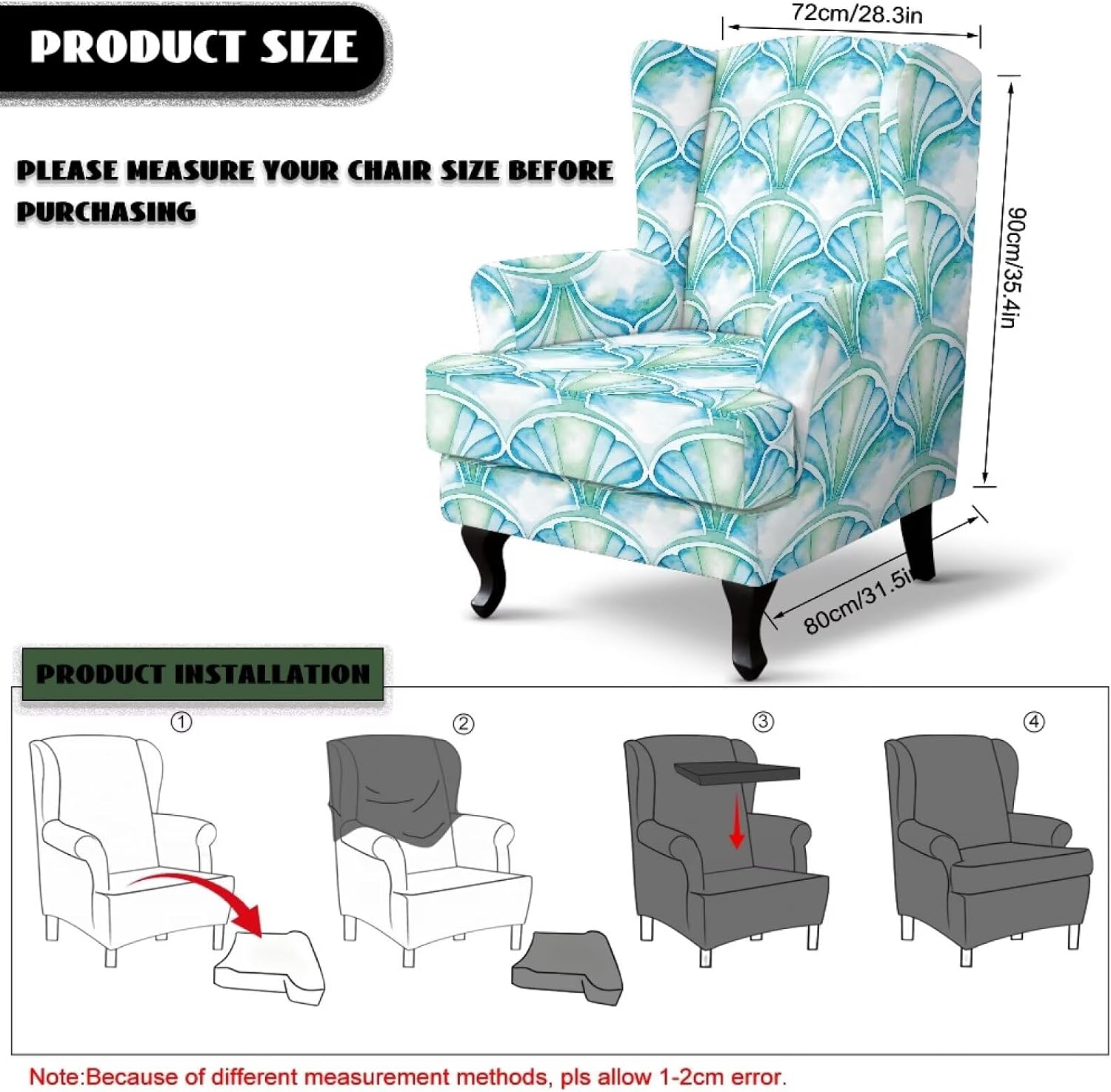 Shell Tie Dye Print Wingback Chair Covers, Wingback Soft Sofa Slipcover Reclining Couch Chair with Pocket Non Slip Lazy Boy Wingback Cover Furniture Protector for Living Room