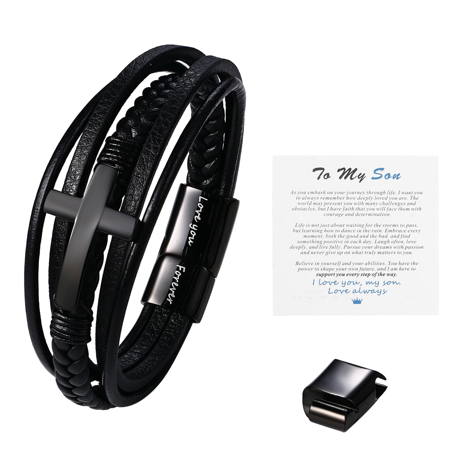 OIDEA Pulsera de Cuero Trenzado de Múltiples Capas para Hijo, Pulsera Clásica con Cruz, Pulsera de Cuero para Hombre, Regalo de Cumpleaños/Vacaciones para Hijo con Botón Ajustable, Plata/Negro