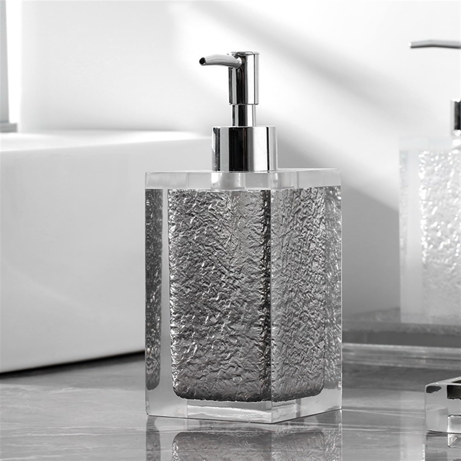 Dispensador de jabón, dispensador Cocina, con Textura Agua, Bomba plástico Plateado galvanizado, líquido loción Resina Lujo