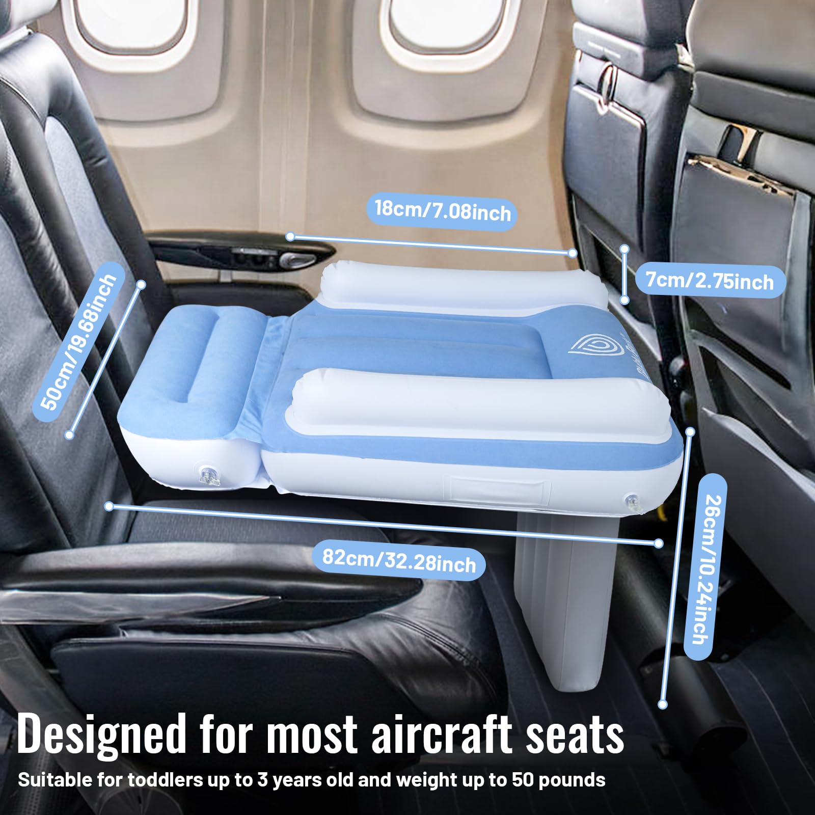 Flugzeugbett für Kleinkinder, Reisebett, Flugzeugsitzverlängerung mit hohen Seiten, aufblasbar, tragbar, passend für Flugsitz, Auto, Zug (Hellblau)