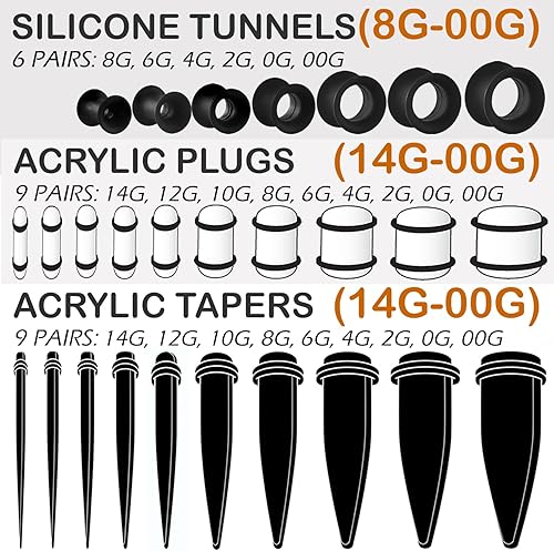 Miniatura 5 de BodyJ4You Kit de estiramiento de orejas de 48 piezas, calibre 14G-00G para principiantes, aceite de jojoba para cuidado posterior, tapones acrílicos