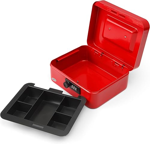 Miniatura 3 de BIRD Caja de 8 monedas con cerradura de combinación y bandeja extraíble de 5 secciones para monedas, lata roja para efectivo
