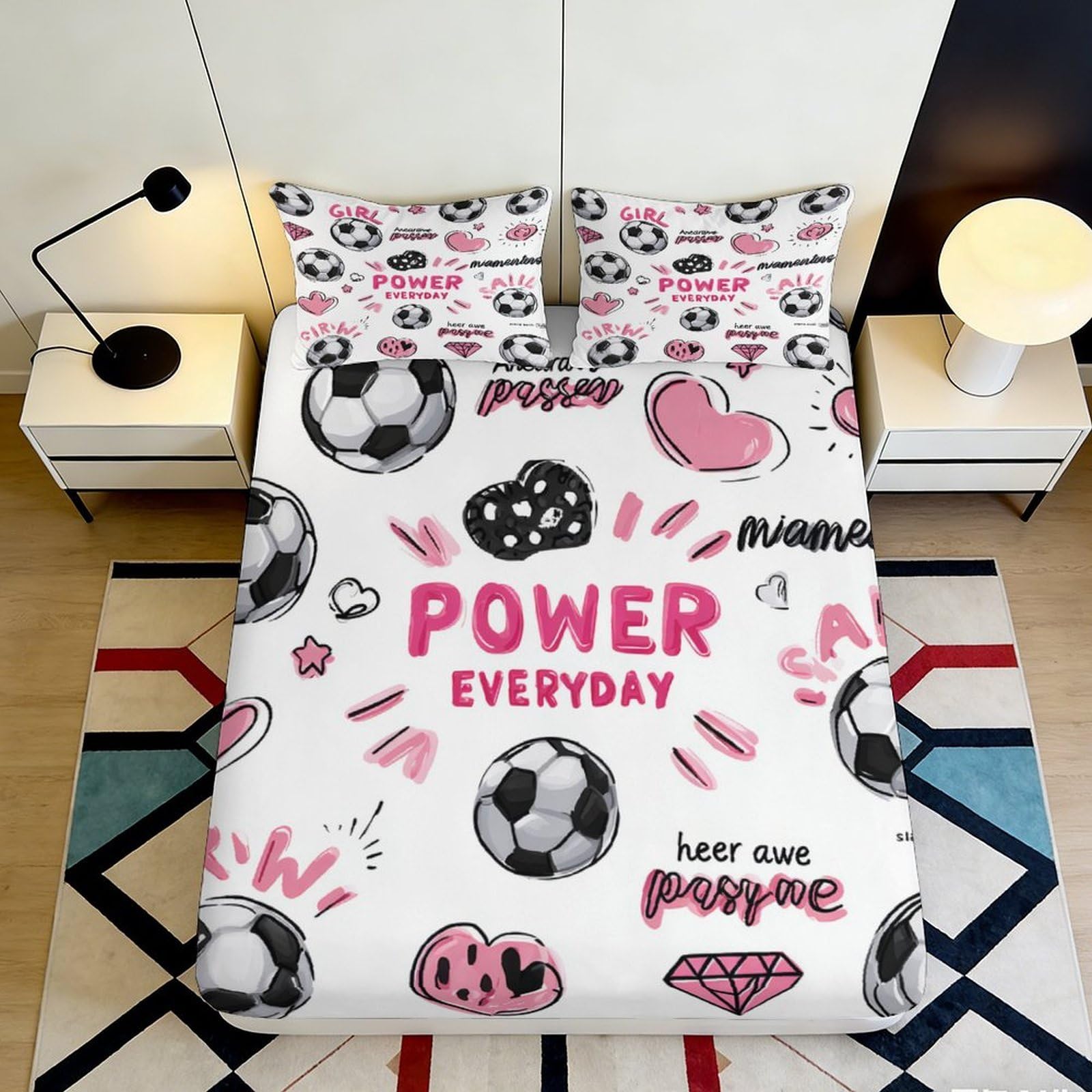 3D Printed Soccer Heart Pattern Fitted Sheet Microfiber Non Slip Bed Cover Machine Washable for Bedroom Dorm Decor 120x200x25cm