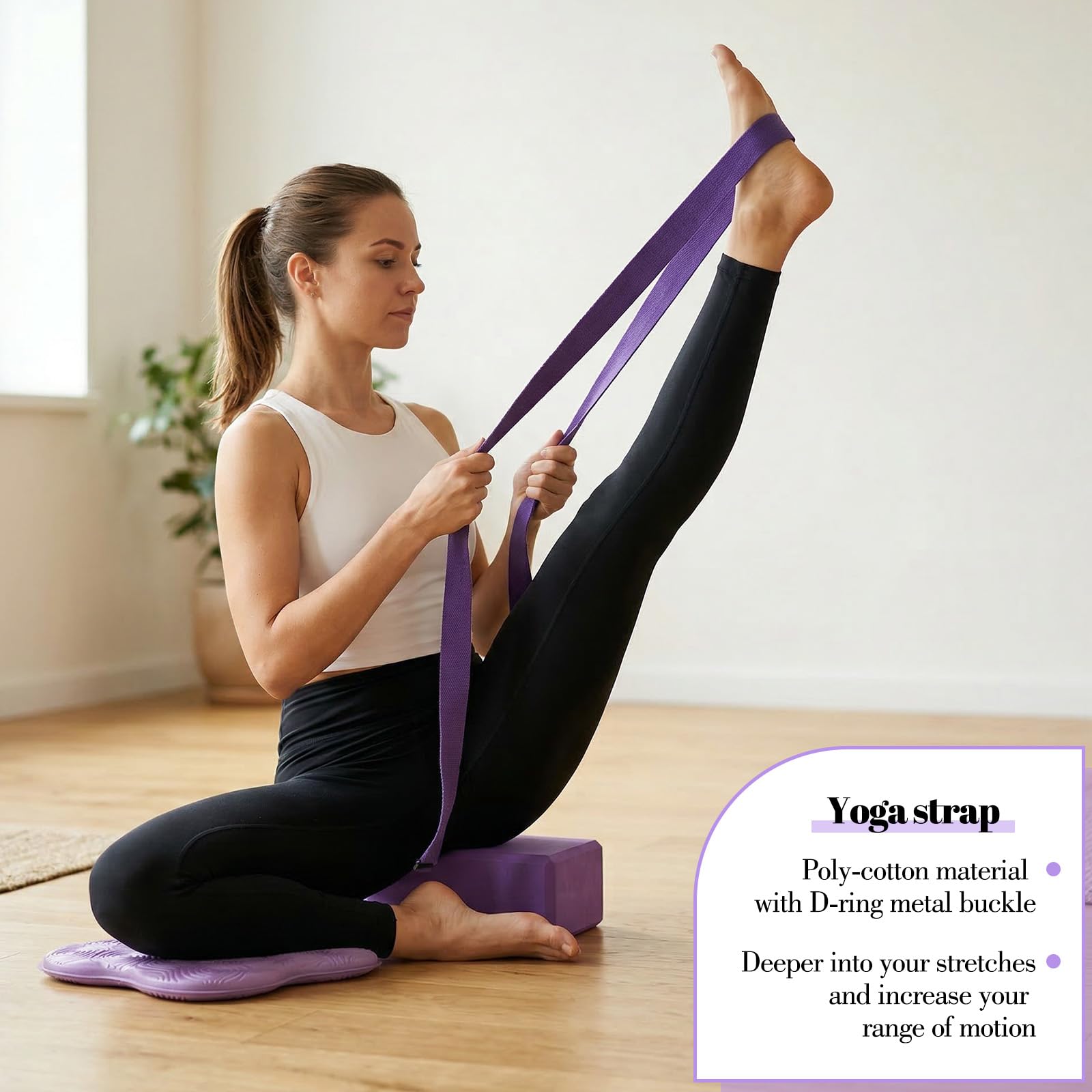 Yoga-Blöcke, Knieschoner, Yoga-Gurt-Set, weiche Premium-Schaumstoffblöcke, Zubehör für Pilates, Meditation, allgemeine Fitness, Stabilität, Knien, Gleichgewicht, Deepen Stretches und Toning, Violett