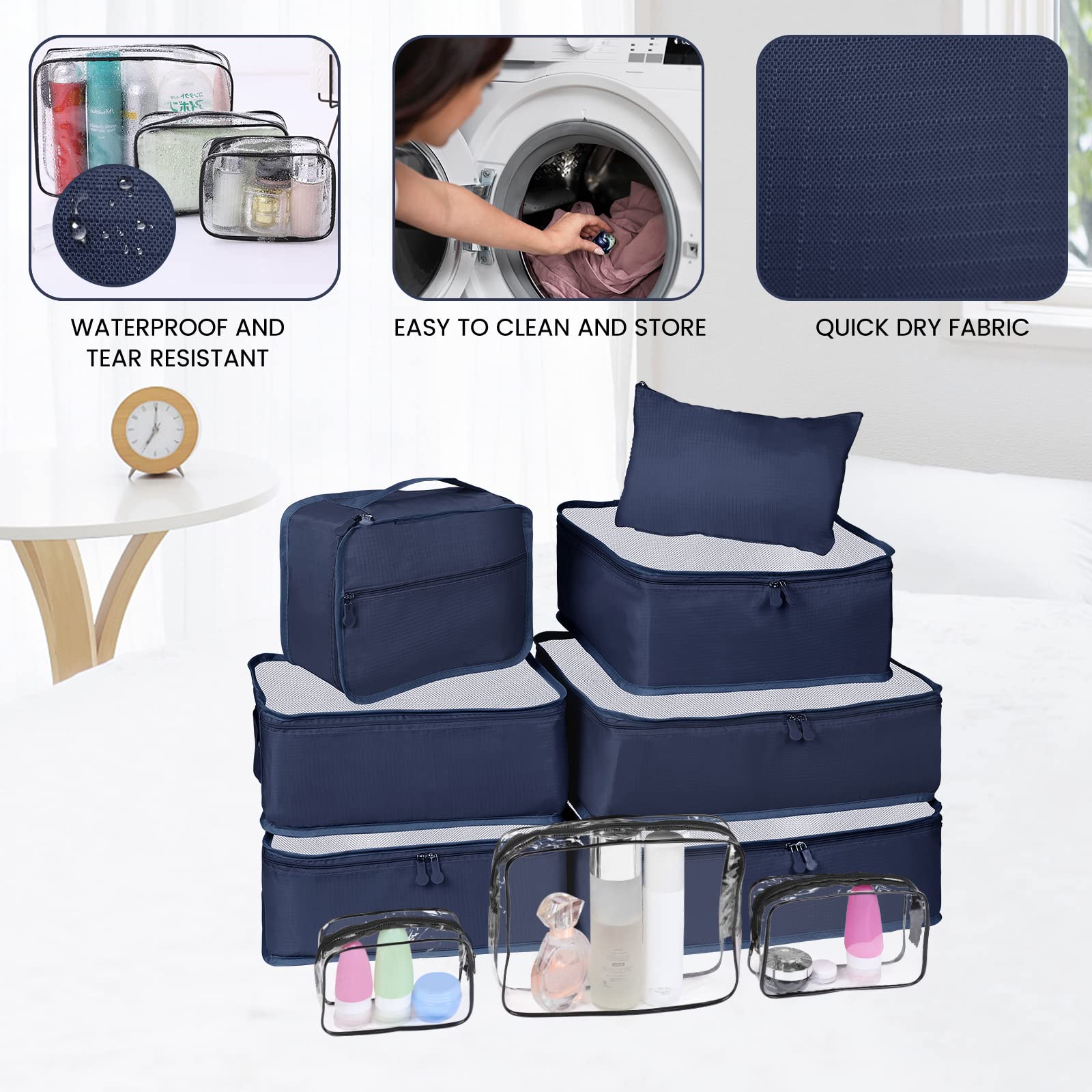 Enloffi Organizer Valigie 10 Pezzi Set Sistema di Cubo di Viaggio Impermeabili Viaggio Accessori Utili per Vestiti Scarpe Biancheria Intima Cosmetici Set di Valigie Portaoggetti, Blu Navy