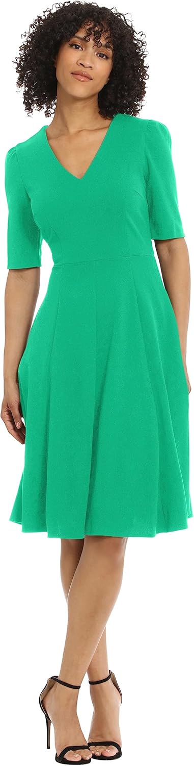 Donna Morgan Womens Stretch Crepe Elbow Sleeve V-Neck Fit and Flare Midi Dress - Image 2