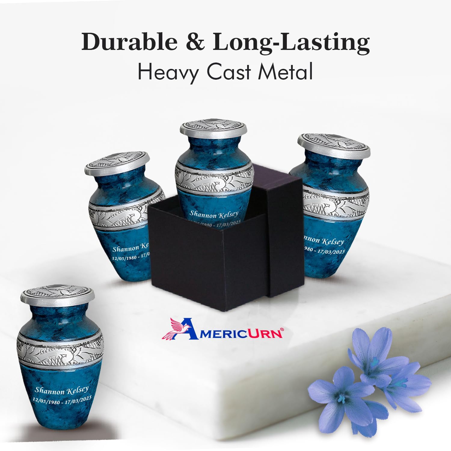 AmericUrn Marble Blue Cremation Urns for Human Ashes – Adult Male and Female Memorial Set of 5 with 4 Keepsake & 1 NecklaceUrn
