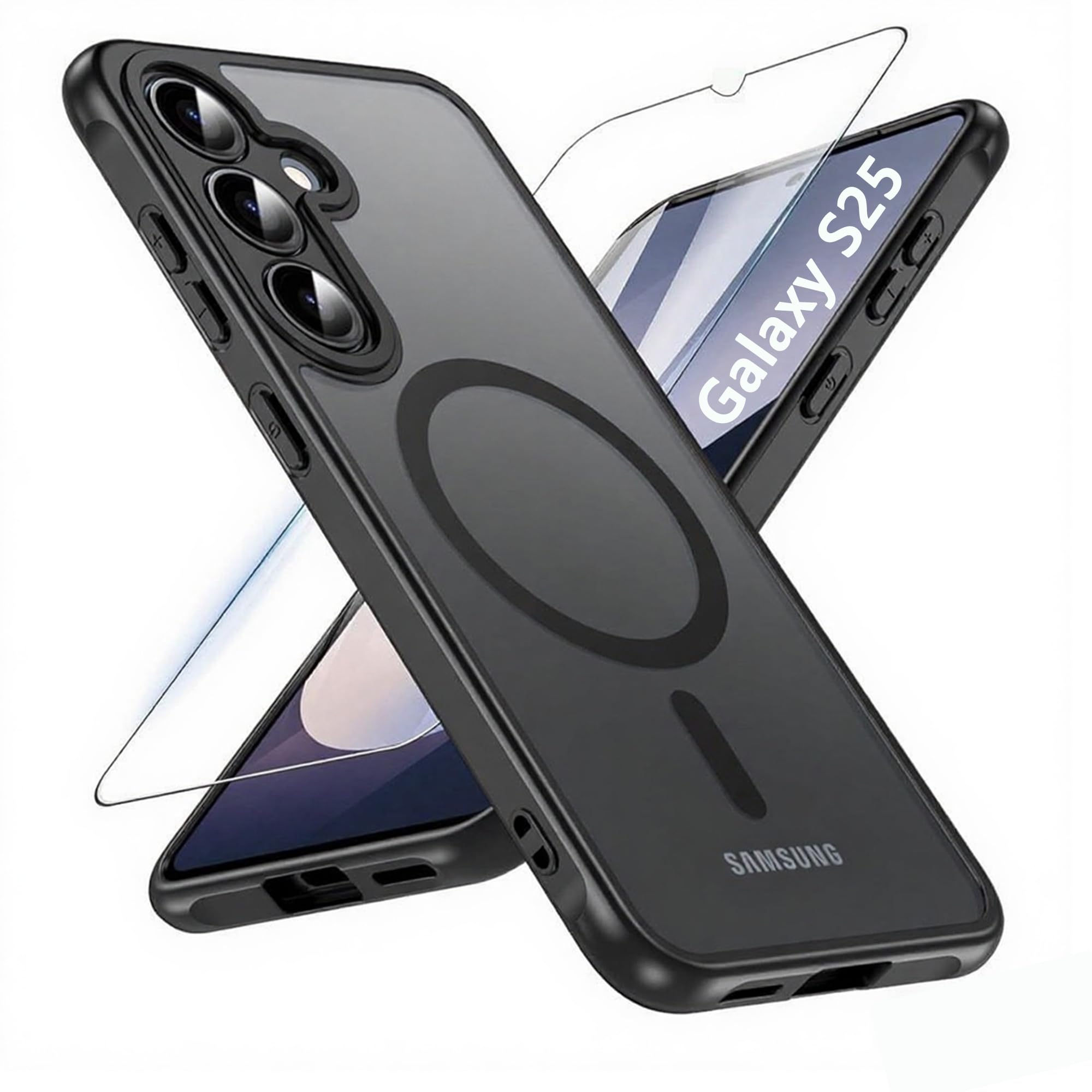 MagSafe対応 Galaxy S25 ケース ガラスフィルム付き マット仕上げ 半透明 マグネット搭載 ギャラクシーs25 ケース PC+TPU ギャラクシーS25 傷つけ防止 超薄型 軽量 スマホカバー Galaxy S25 5G 用 6.2インチ ガラスフィルム【旭硝子素材製】 硬度9H 高透過率 飛散防止 自动吸着 (マットブラック, Galaxy s25)